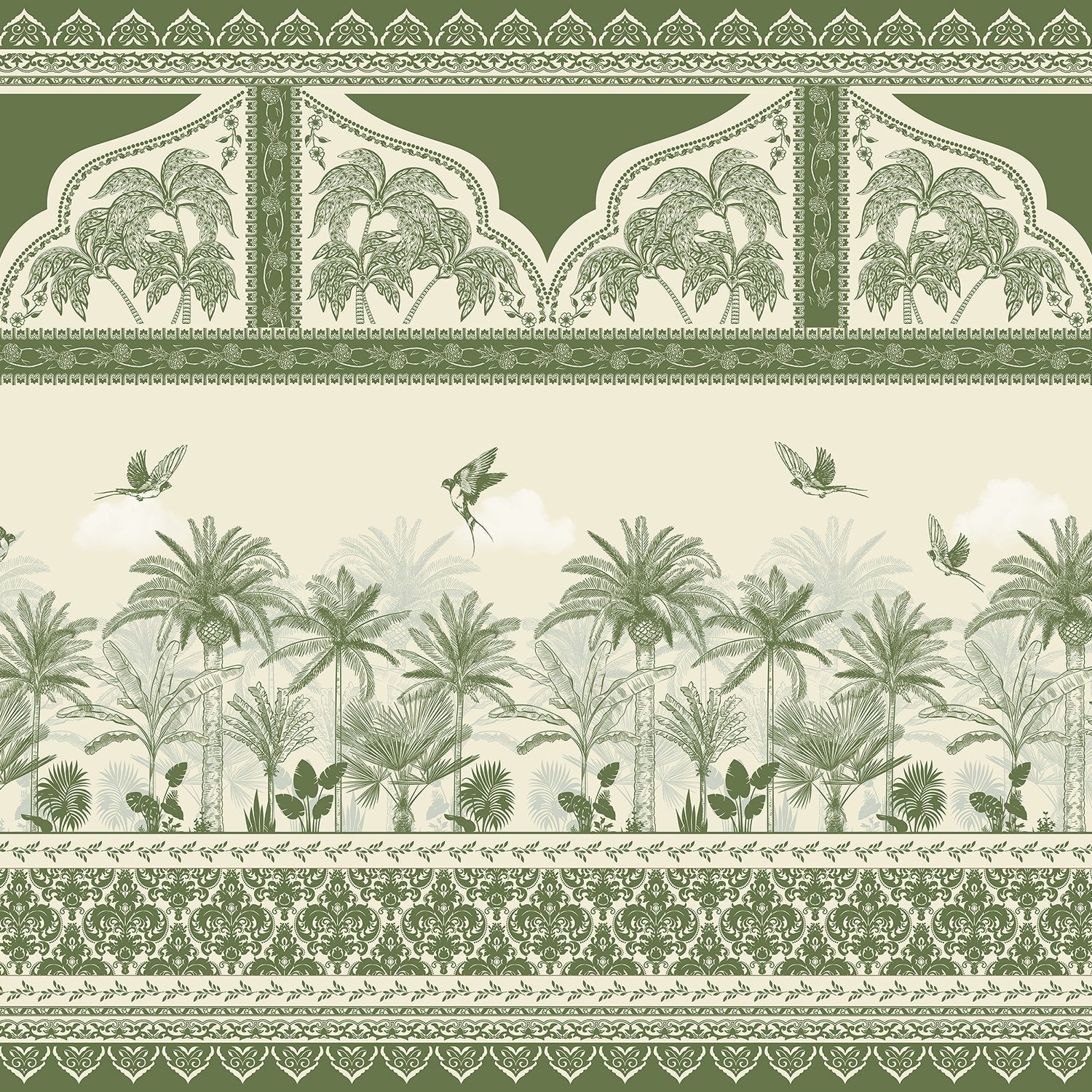 Ornate Mughal border with blue palm trees and flying birds in tropical paradise - view 12 - final