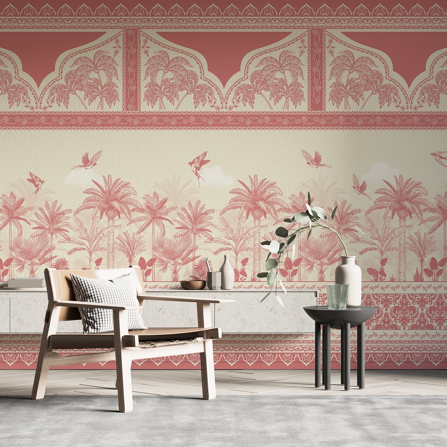 Ornate Mughal border with blue palm trees and flying birds in tropical paradise - view 15 - final