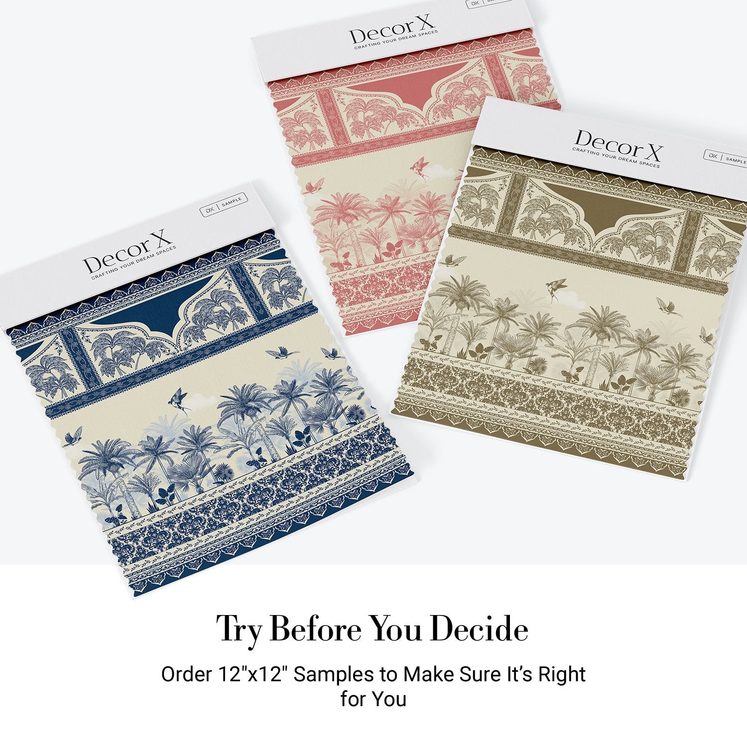 Ornate Mughal border with blue palm trees and flying birds in tropical paradise - view 19 - final all-groups samples