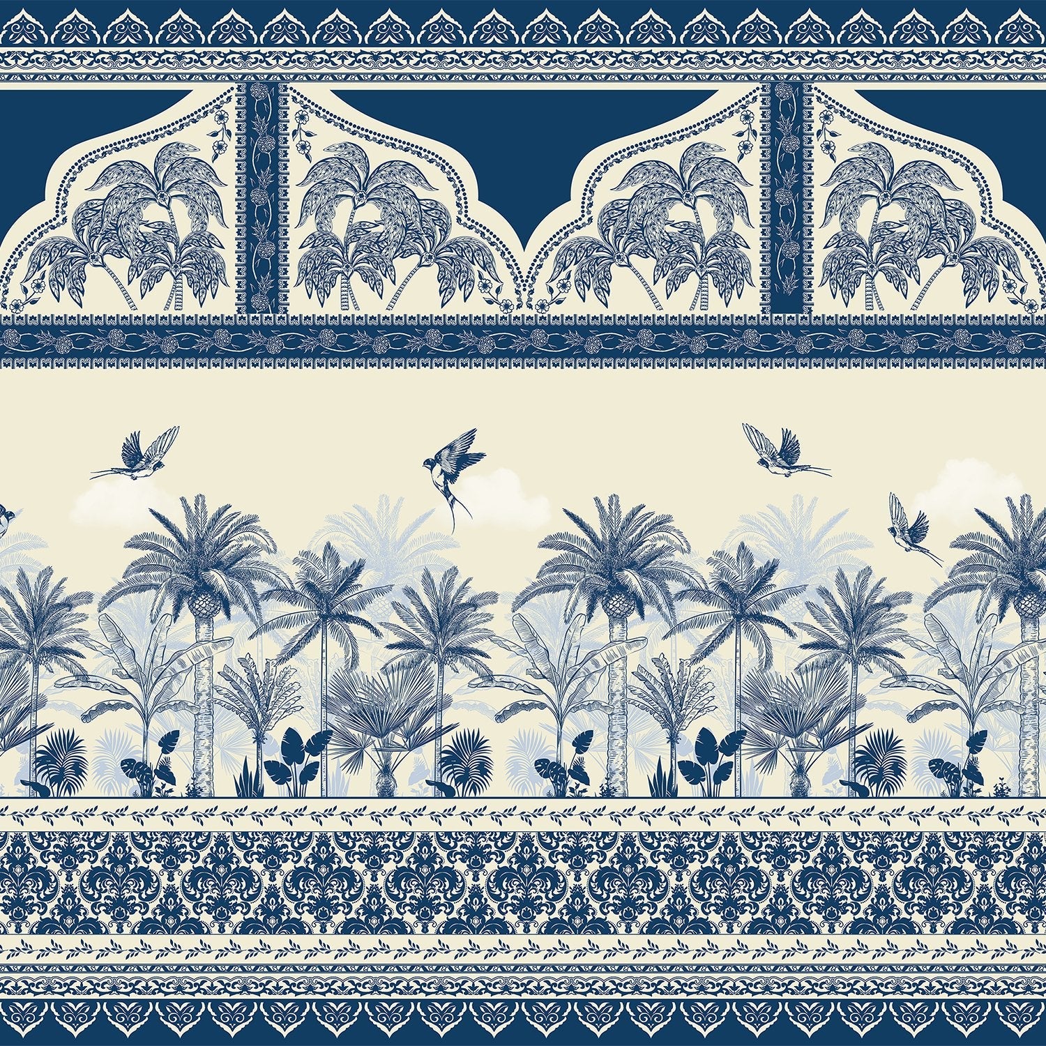 Ornate Mughal border with blue palm trees and flying birds in tropical paradise - view 2 - final