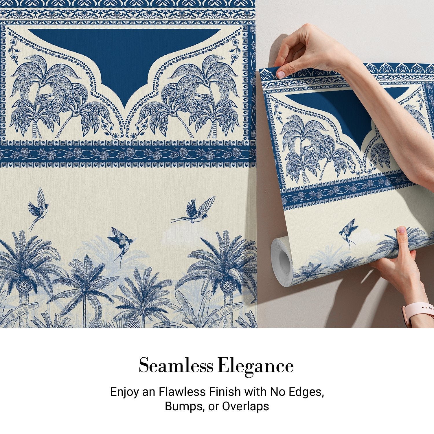 Ornate Mughal border with blue palm trees and flying birds in tropical paradise - view 3 - final