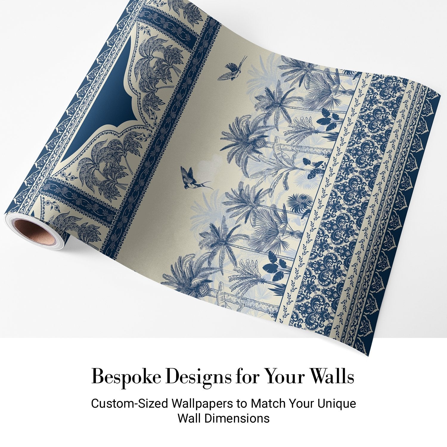 Ornate Mughal border with blue palm trees and flying birds in tropical paradise - view 4 - final