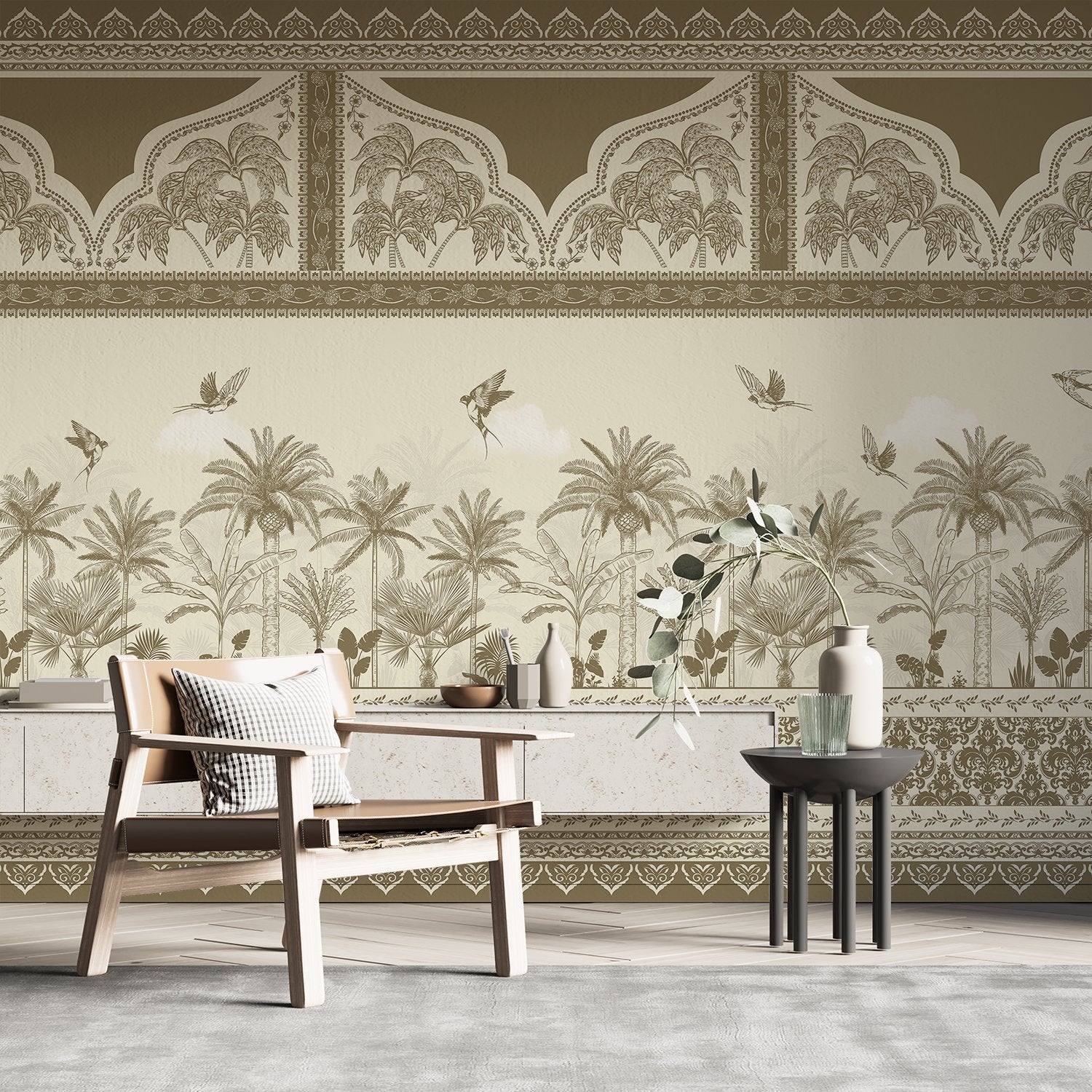 Ornate Mughal border with blue palm trees and flying birds in tropical paradise - view 7 - final