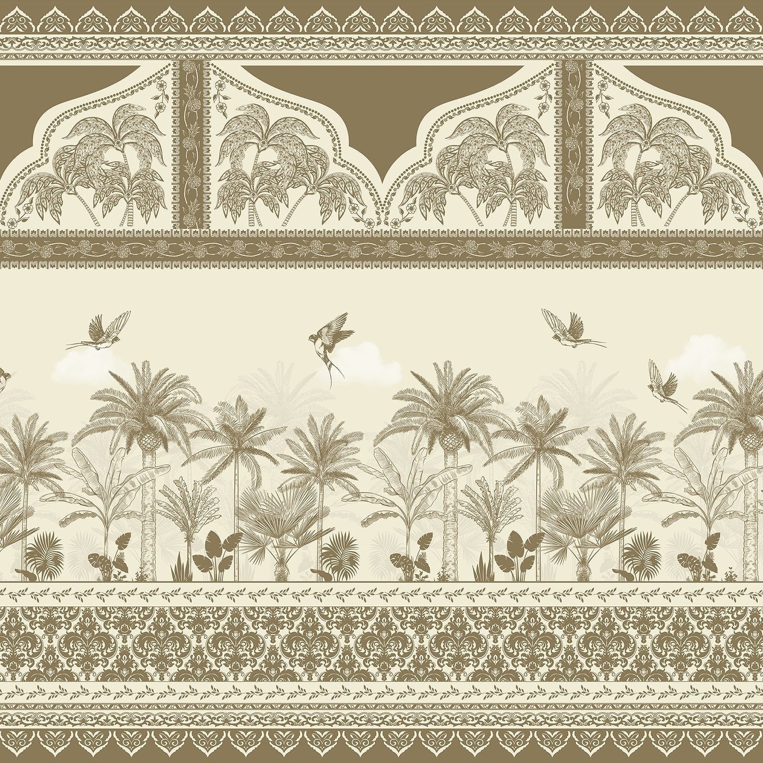 Ornate Mughal border with blue palm trees and flying birds in tropical paradise - view 8 - final