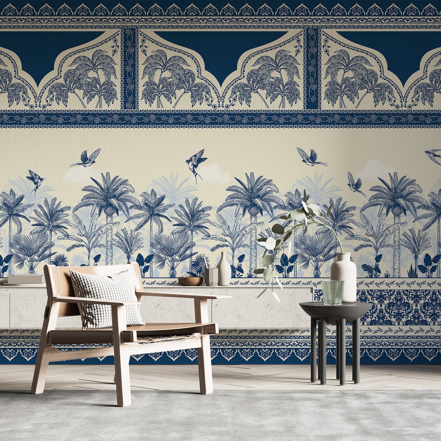 Ornate Mughal border with blue palm trees and flying birds in tropical paradise - final hobby-room