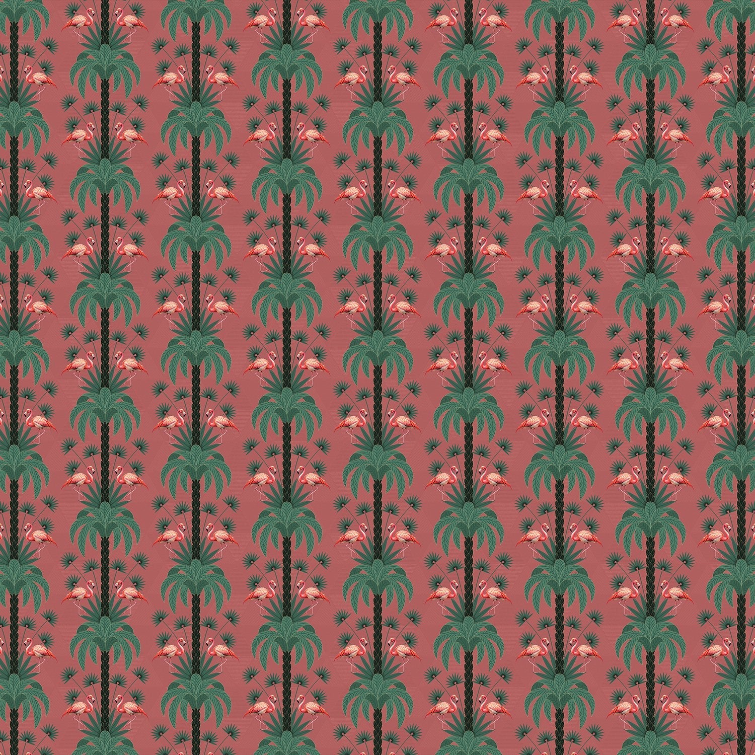 Repeating palm trees and pink flamingo pairs on dark green tropical botanical background - view 10 - final