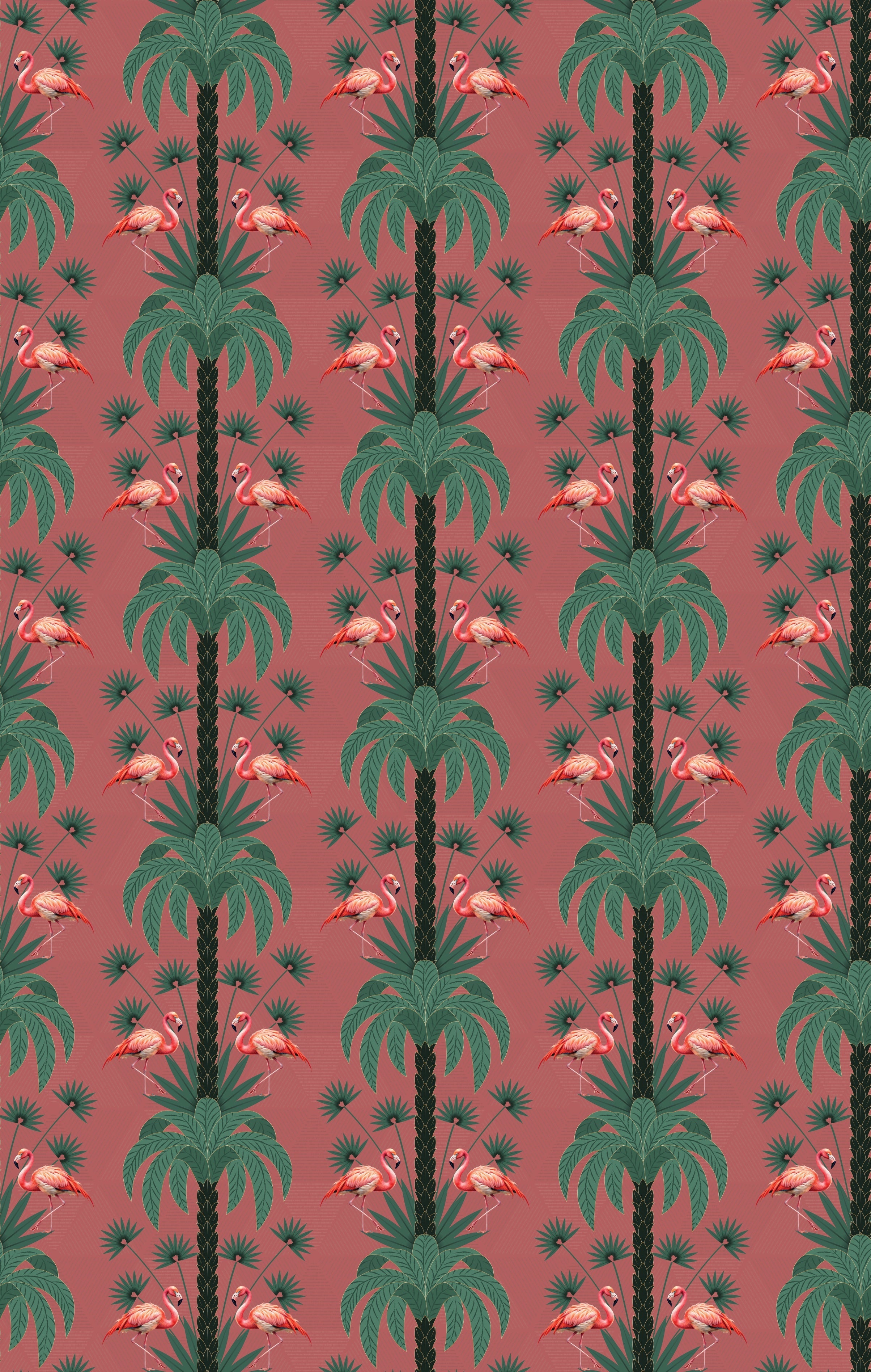 Repeating palm trees and pink flamingo pairs on dark green tropical botanical background - view 13 - repeat-original - final