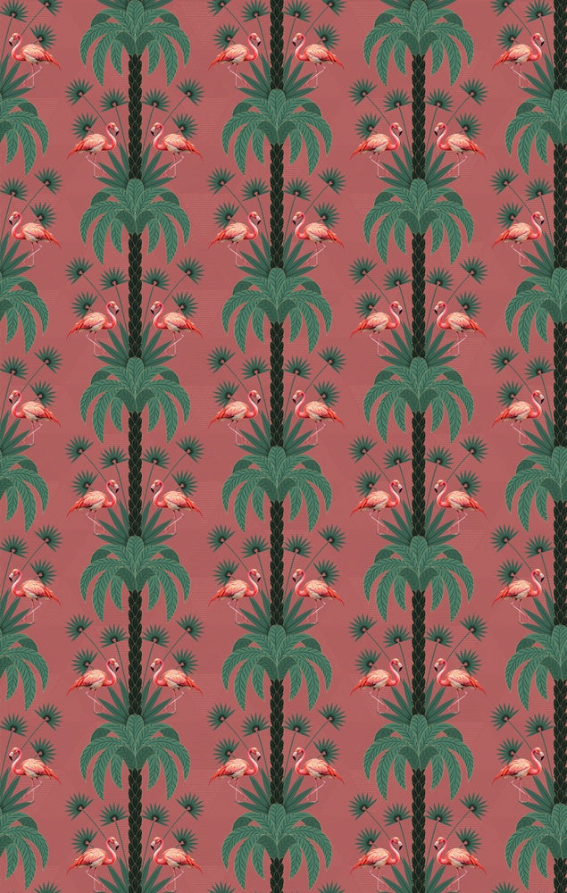 Repeating palm trees and pink flamingo pairs on dark green tropical botanical background - view 14 - repeat-small - final