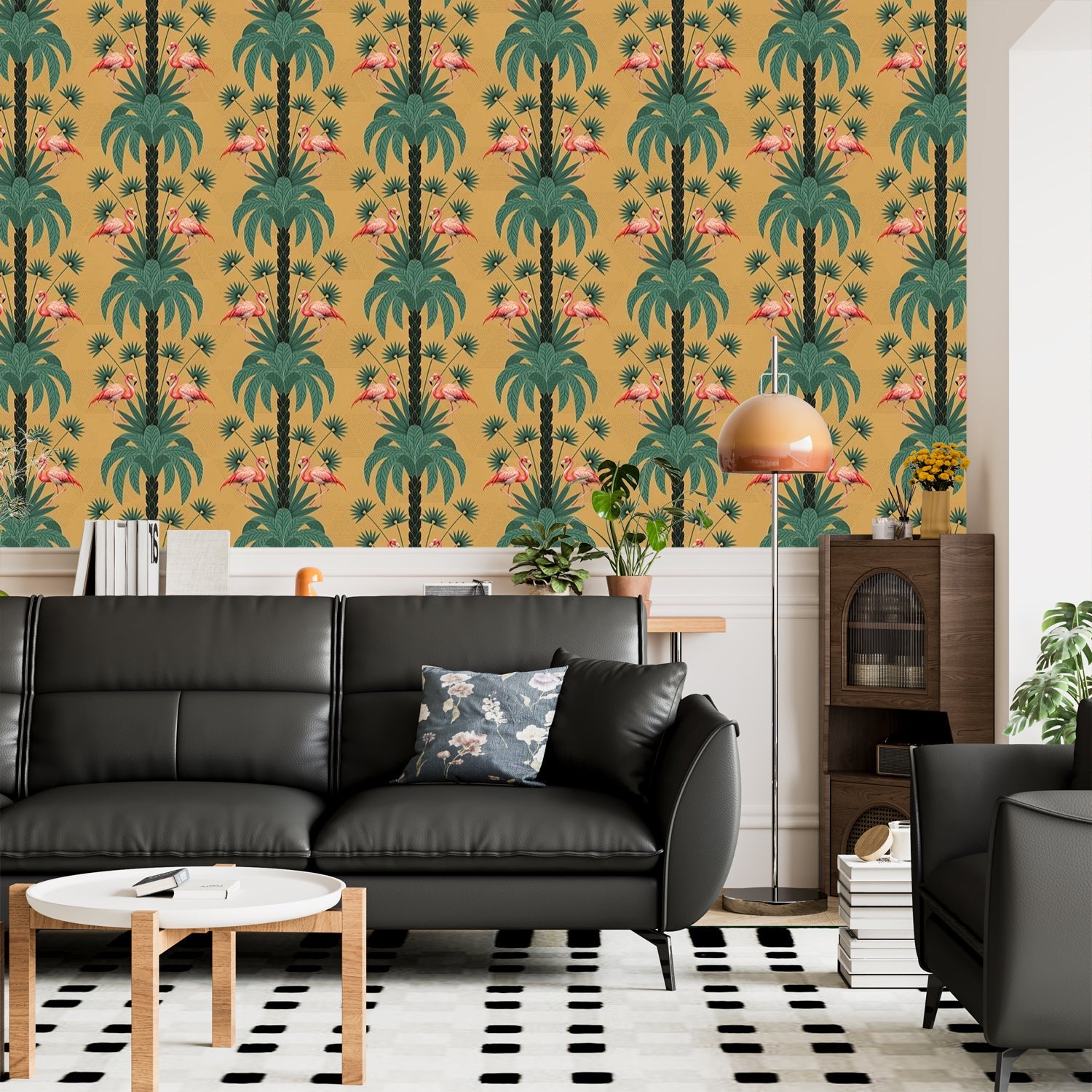 Repeating palm trees and pink flamingo pairs on dark green tropical botanical background - view 15 - final