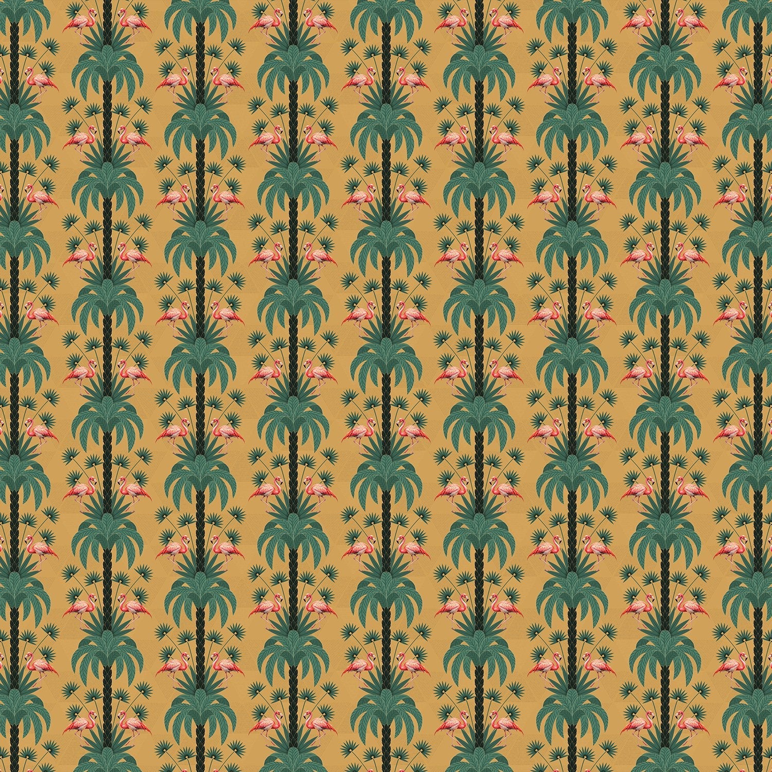 Repeating palm trees and pink flamingo pairs on dark green tropical botanical background - view 16 - final