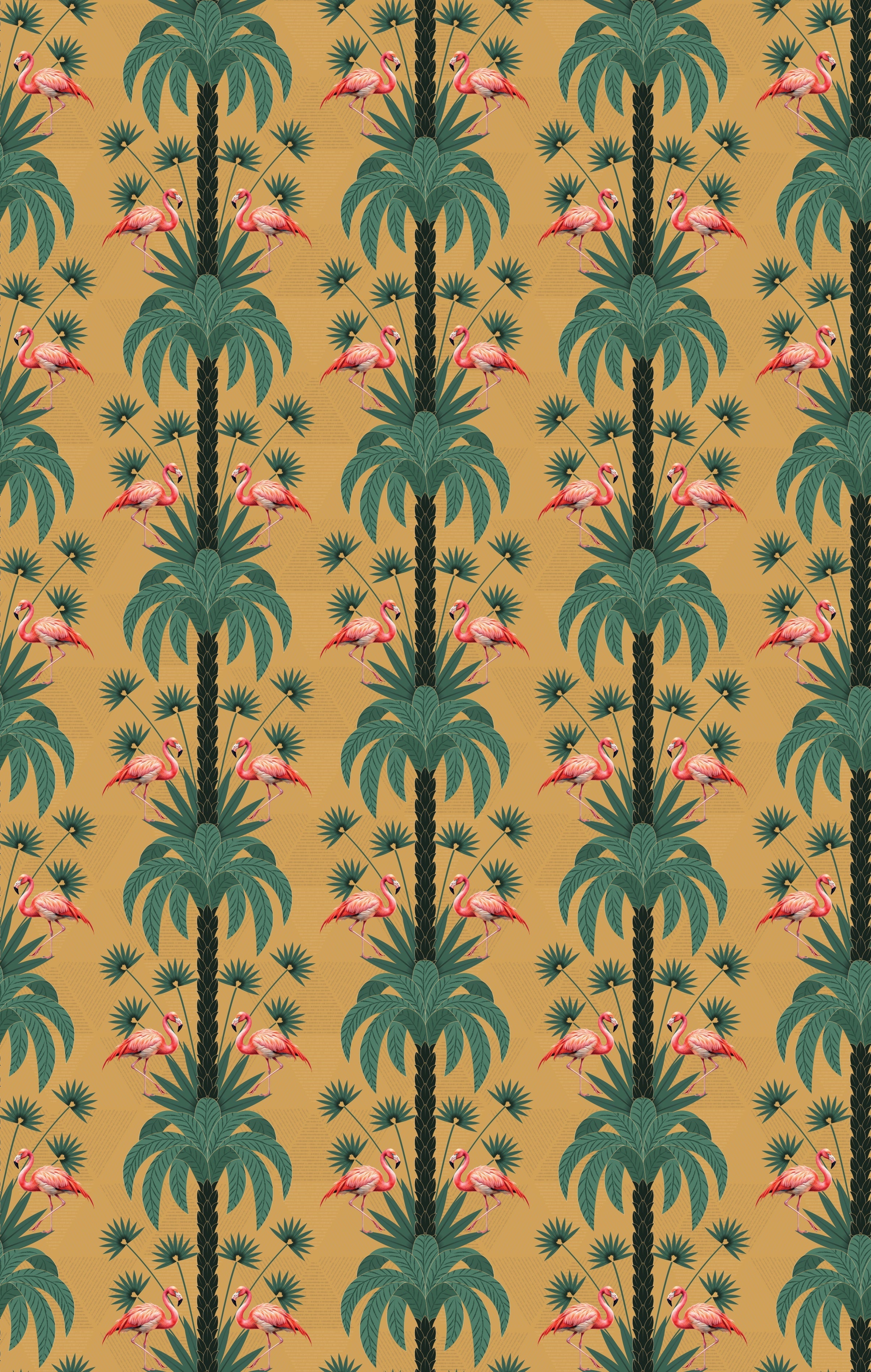 Repeating palm trees and pink flamingo pairs on dark green tropical botanical background - view 19 - repeat-original - final