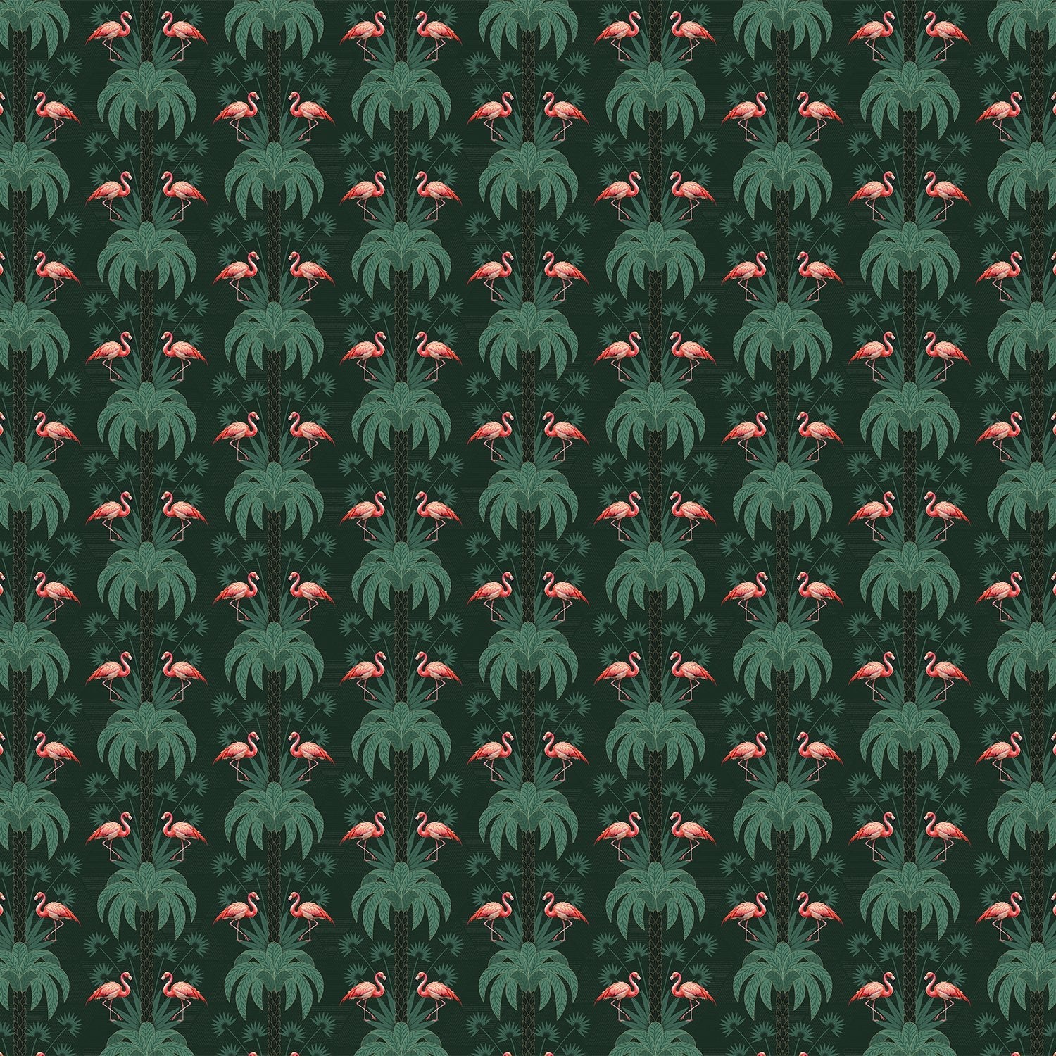 Repeating palm trees and pink flamingo pairs on dark green tropical botanical background - view 2 - final