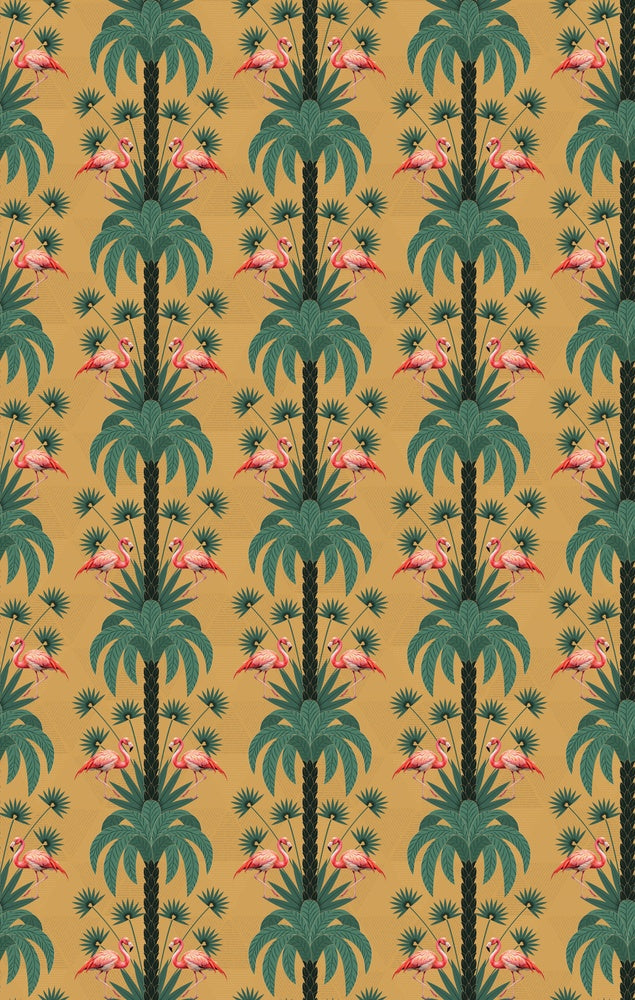 Repeating palm trees and pink flamingo pairs on dark green tropical botanical background - view 20 - repeat-small - final