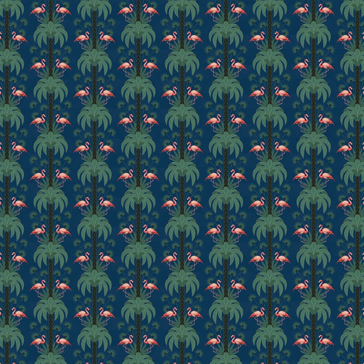 Repeating palm trees and pink flamingo pairs on dark green tropical botanical background - view 23 - final