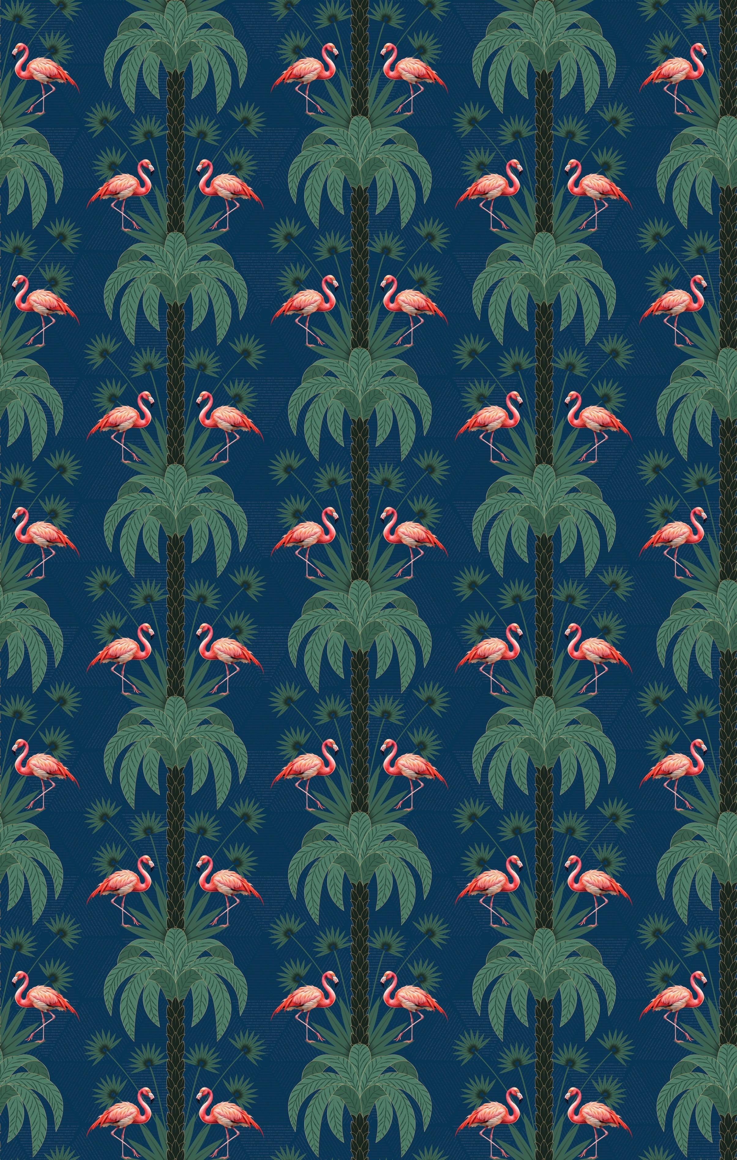 Repeating palm trees and pink flamingo pairs on dark green tropical botanical background - view 26 - repeat-original - final