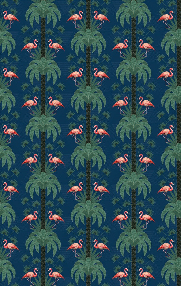 Repeating palm trees and pink flamingo pairs on dark green tropical botanical background - view 27 - repeat-small - final