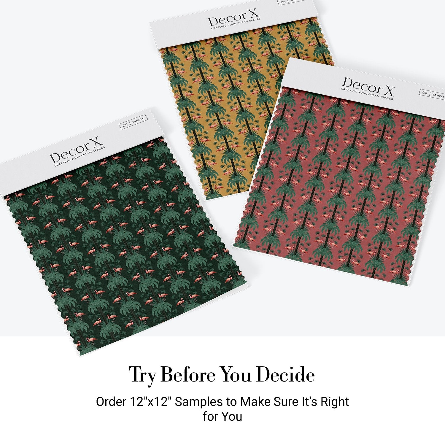 Repeating palm trees and pink flamingo pairs on dark green tropical botanical background - view 28 - final all-groups samples