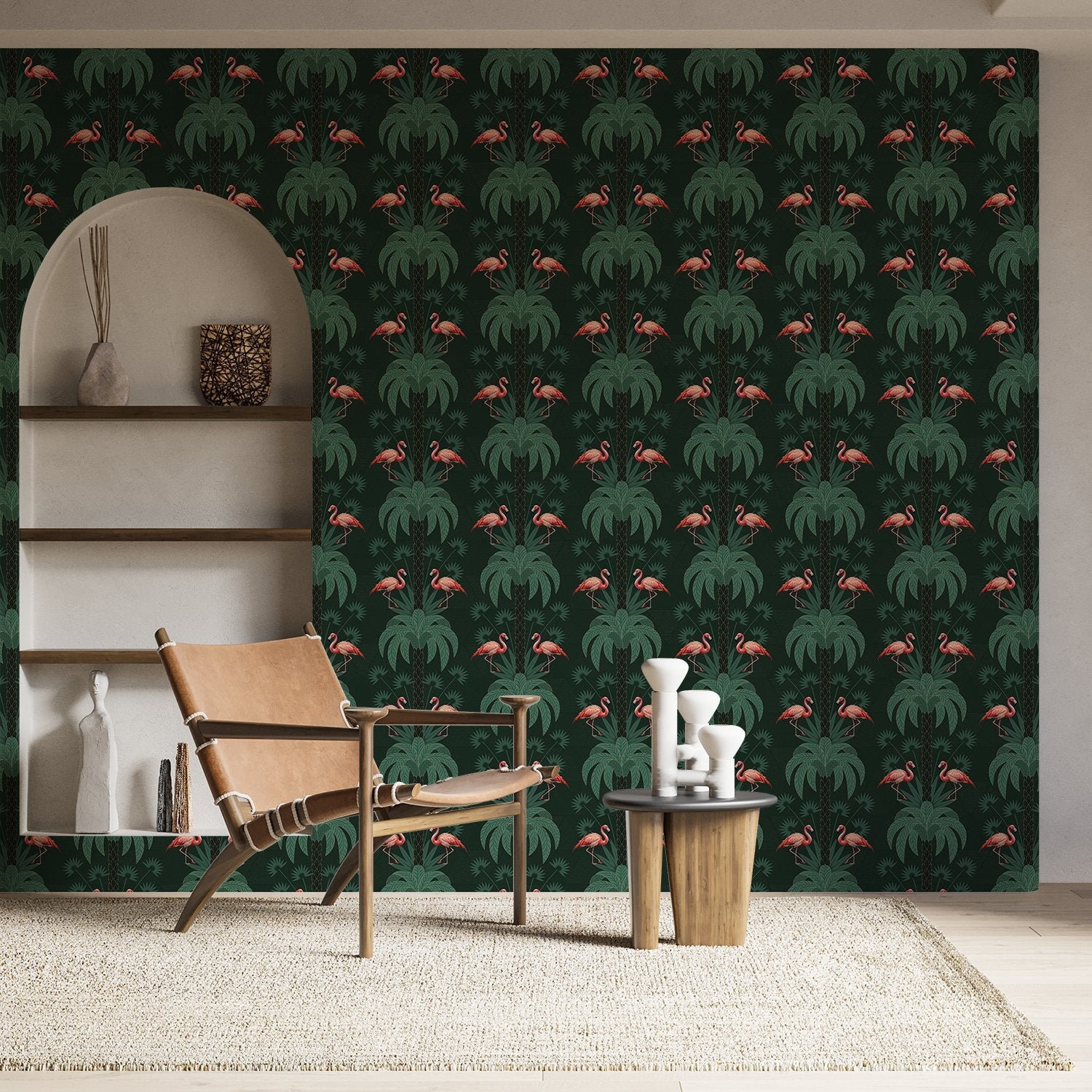 Repeating palm trees and pink flamingo pairs on dark green tropical botanical background - view 3 - final hobby-room