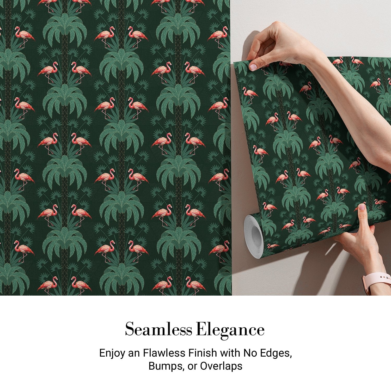 Repeating palm trees and pink flamingo pairs on dark green tropical botanical background - view 4 - final