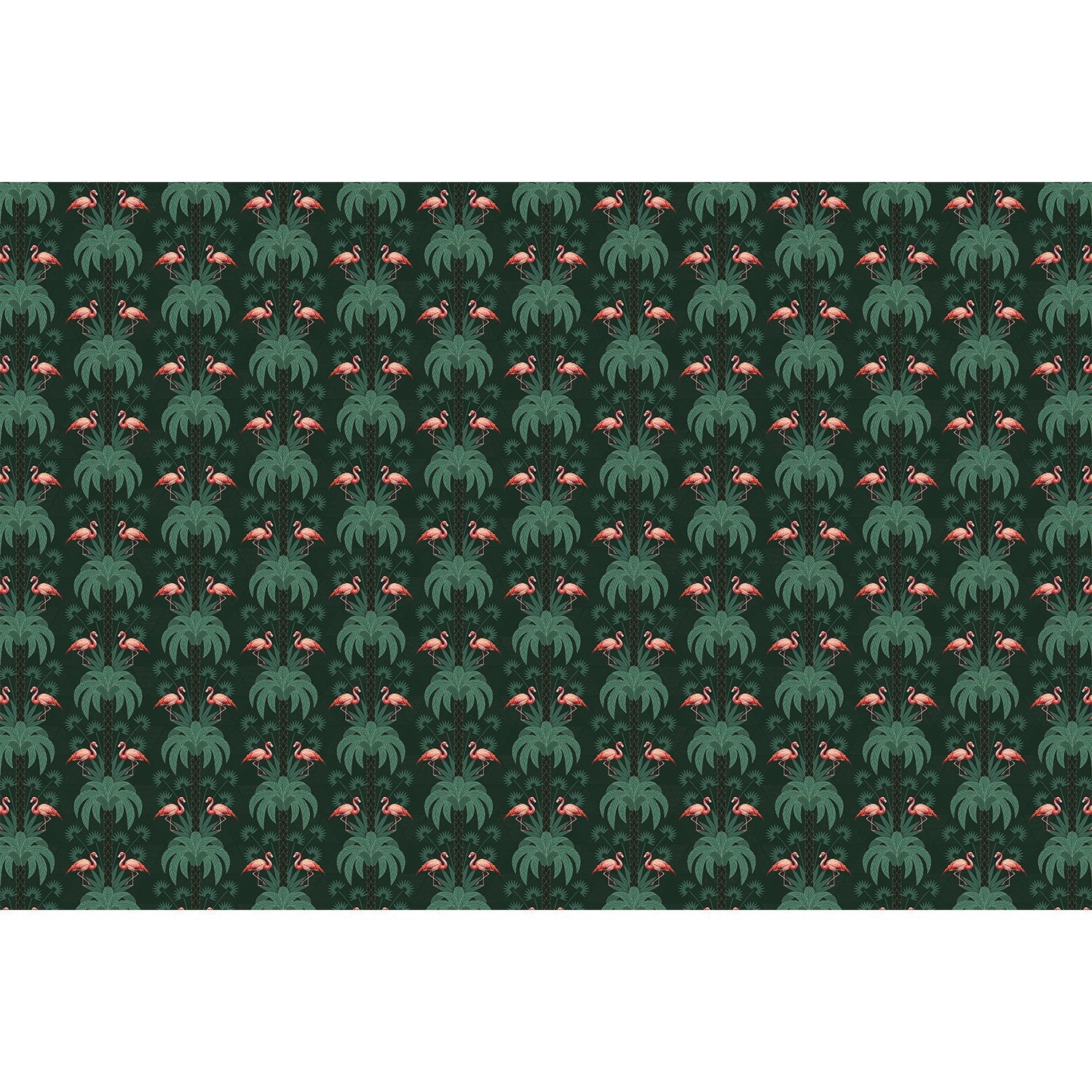 Repeating palm trees and pink flamingo pairs on dark green tropical botanical background - view 6 - repeat-full-square - final