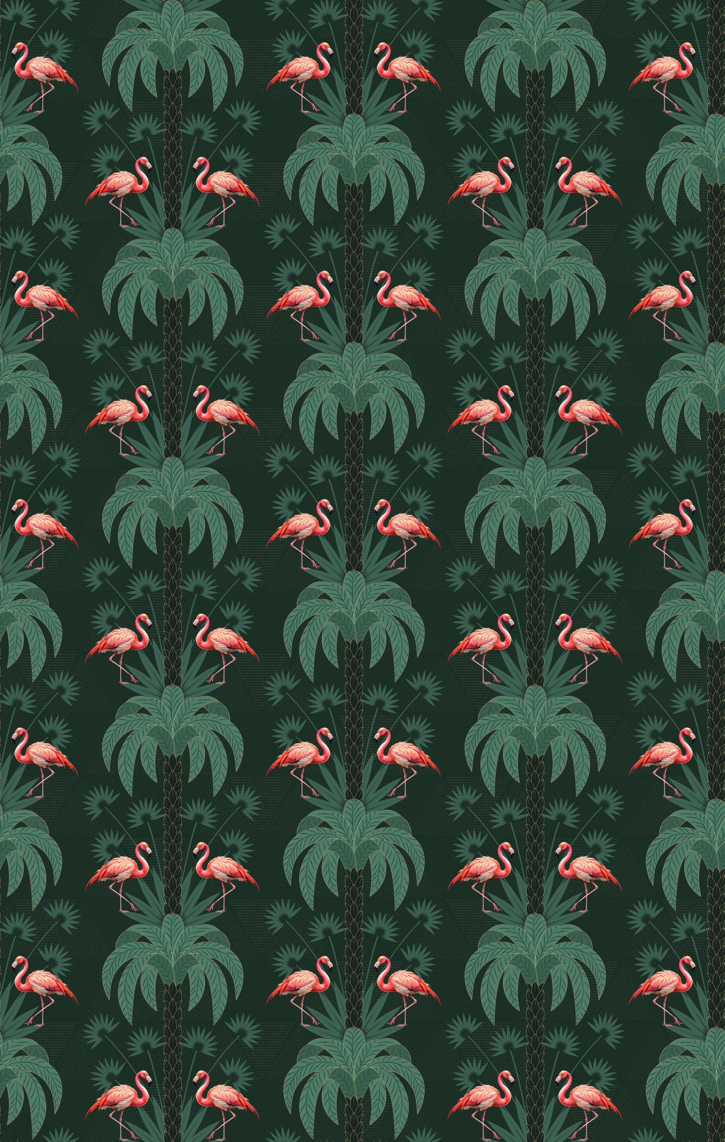 Repeating palm trees and pink flamingo pairs on dark green tropical botanical background - view 7 - repeat-original - final
