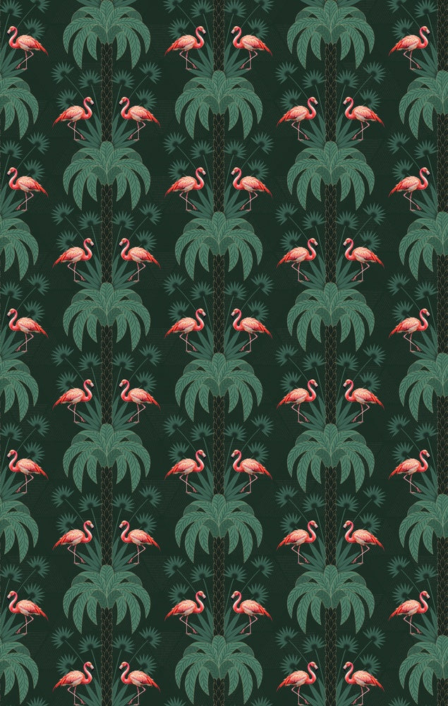 Repeating palm trees and pink flamingo pairs on dark green tropical botanical background - view 8 - repeat-small - final