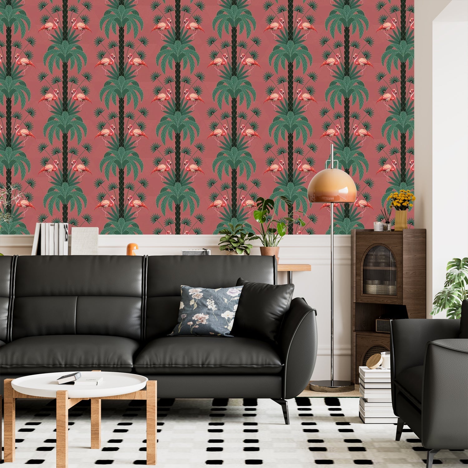 Repeating palm trees and pink flamingo pairs on dark green tropical botanical background - view 9 - final