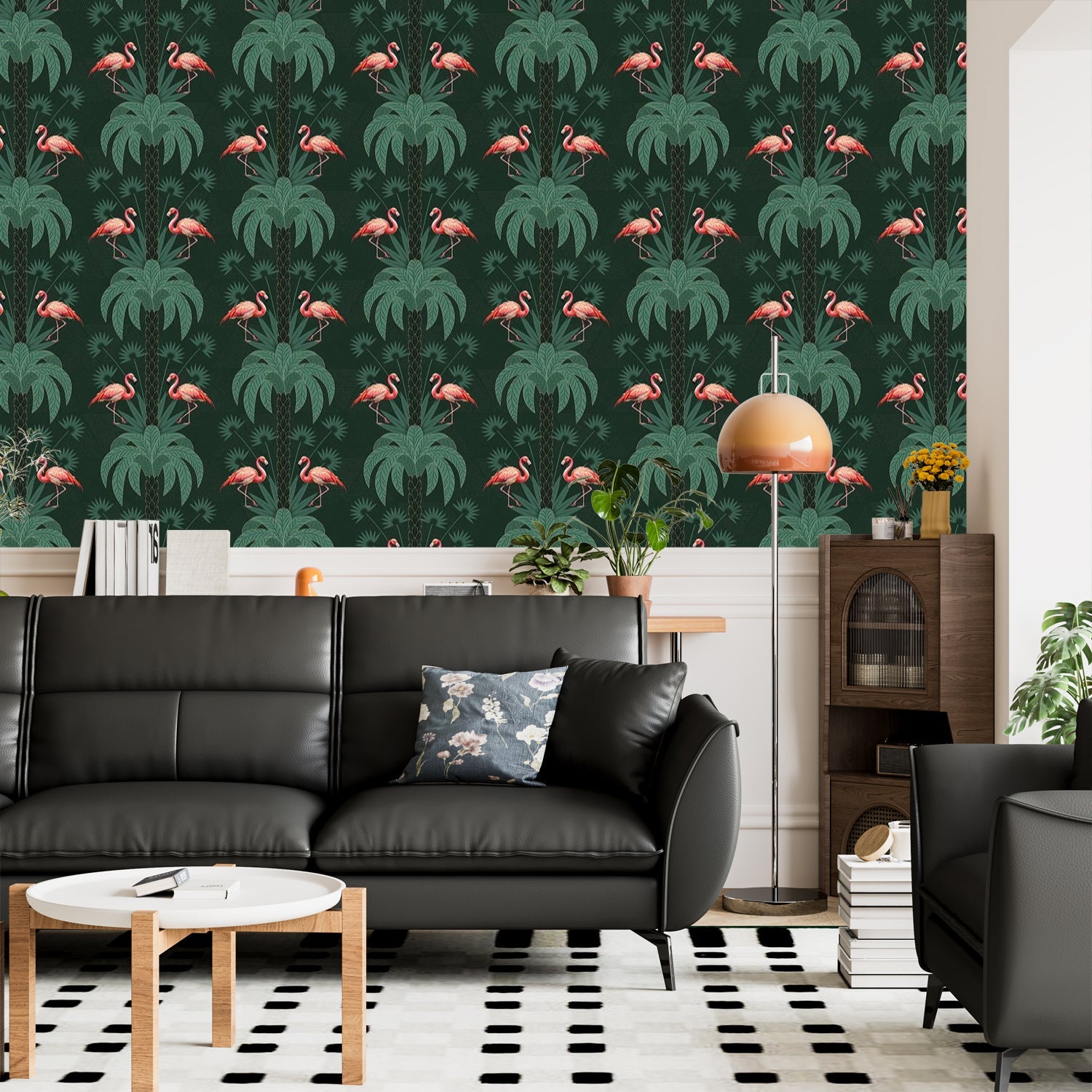 Repeating palm trees and pink flamingo pairs on dark green tropical botanical background - final living-room