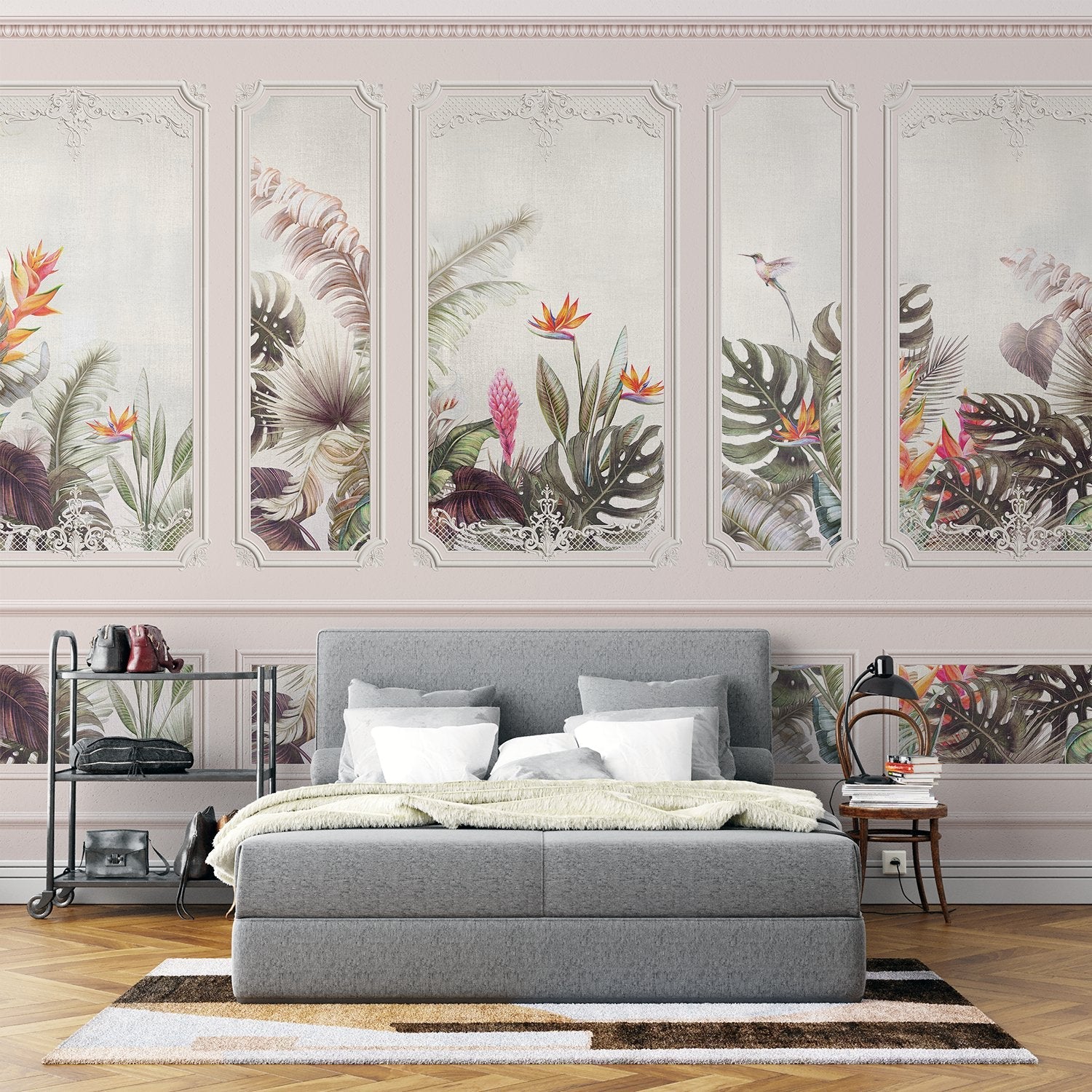 Elegant wall panels featuring tropical birds, monstera leaves and birds of paradise flowers - view 7 - final