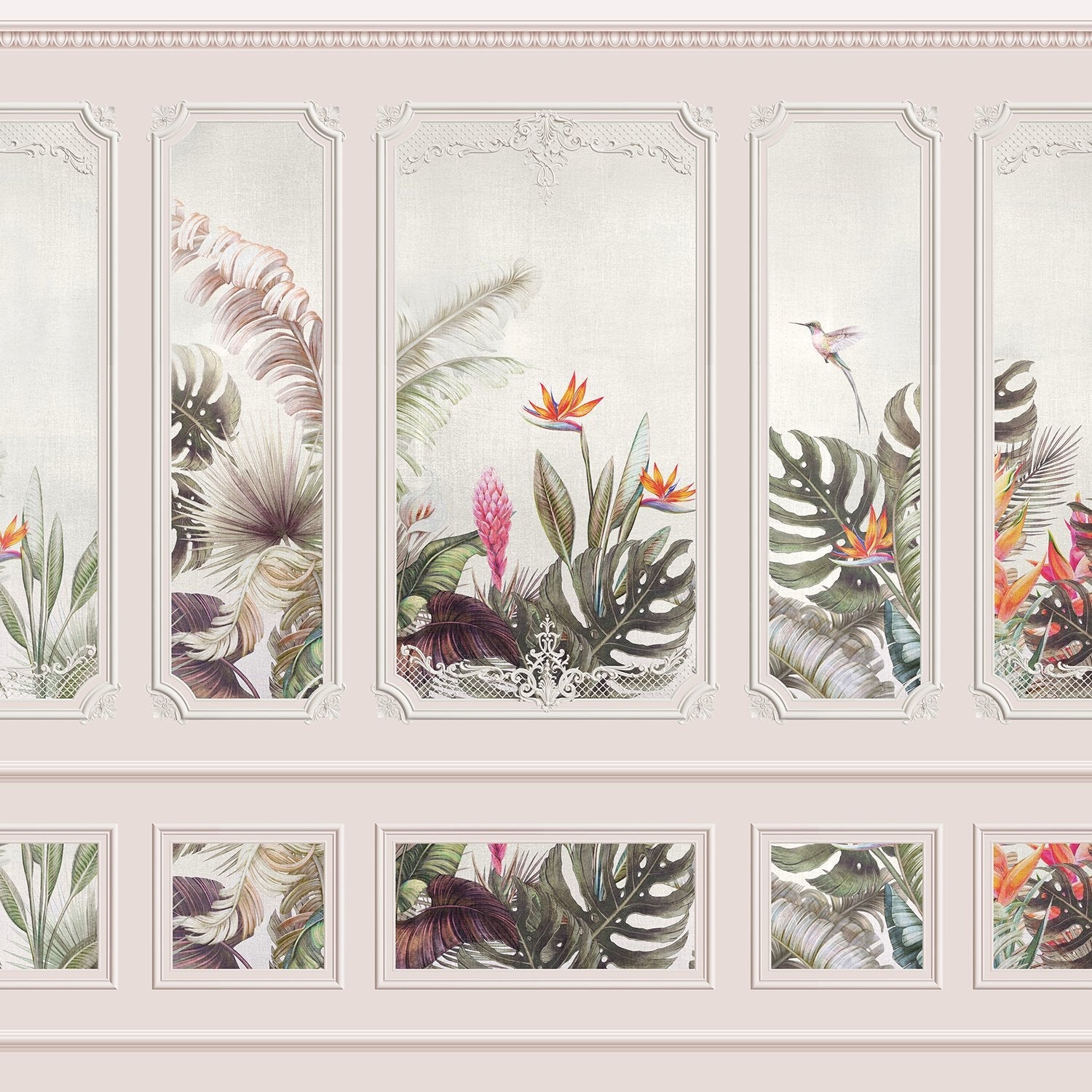 Elegant wall panels featuring tropical birds, monstera leaves and birds of paradise flowers - view 8 - final