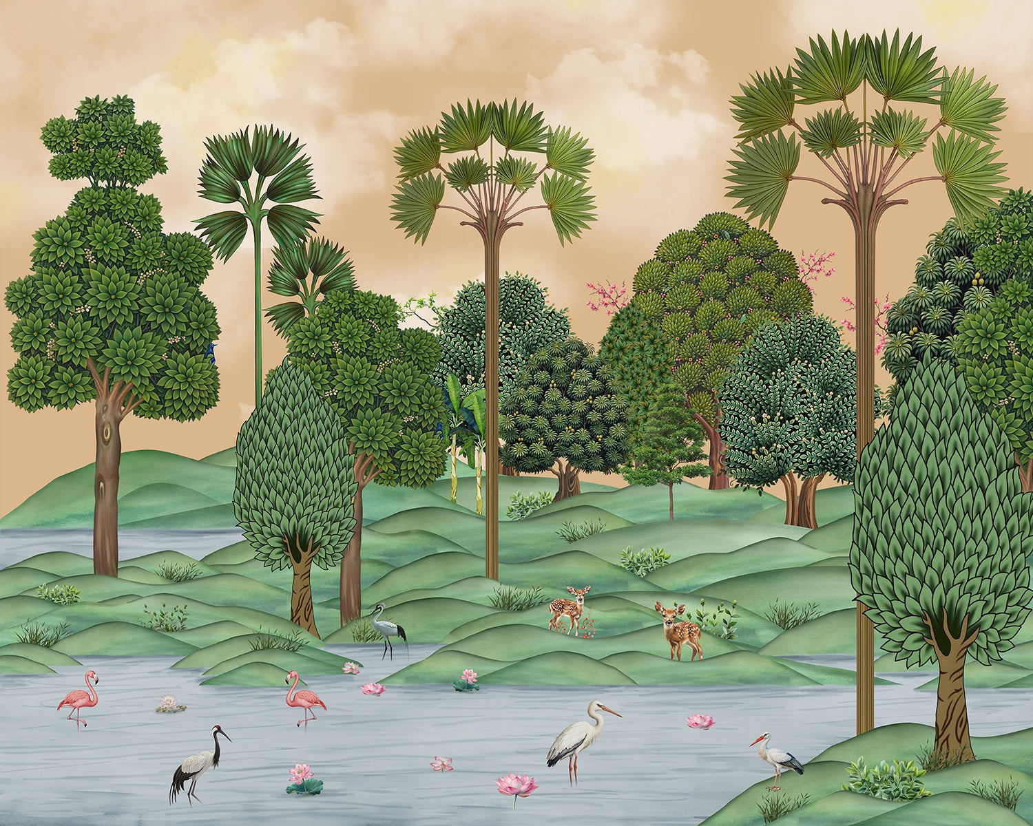 Serene green landscape with flora - lea wallpaper mural-inequal final