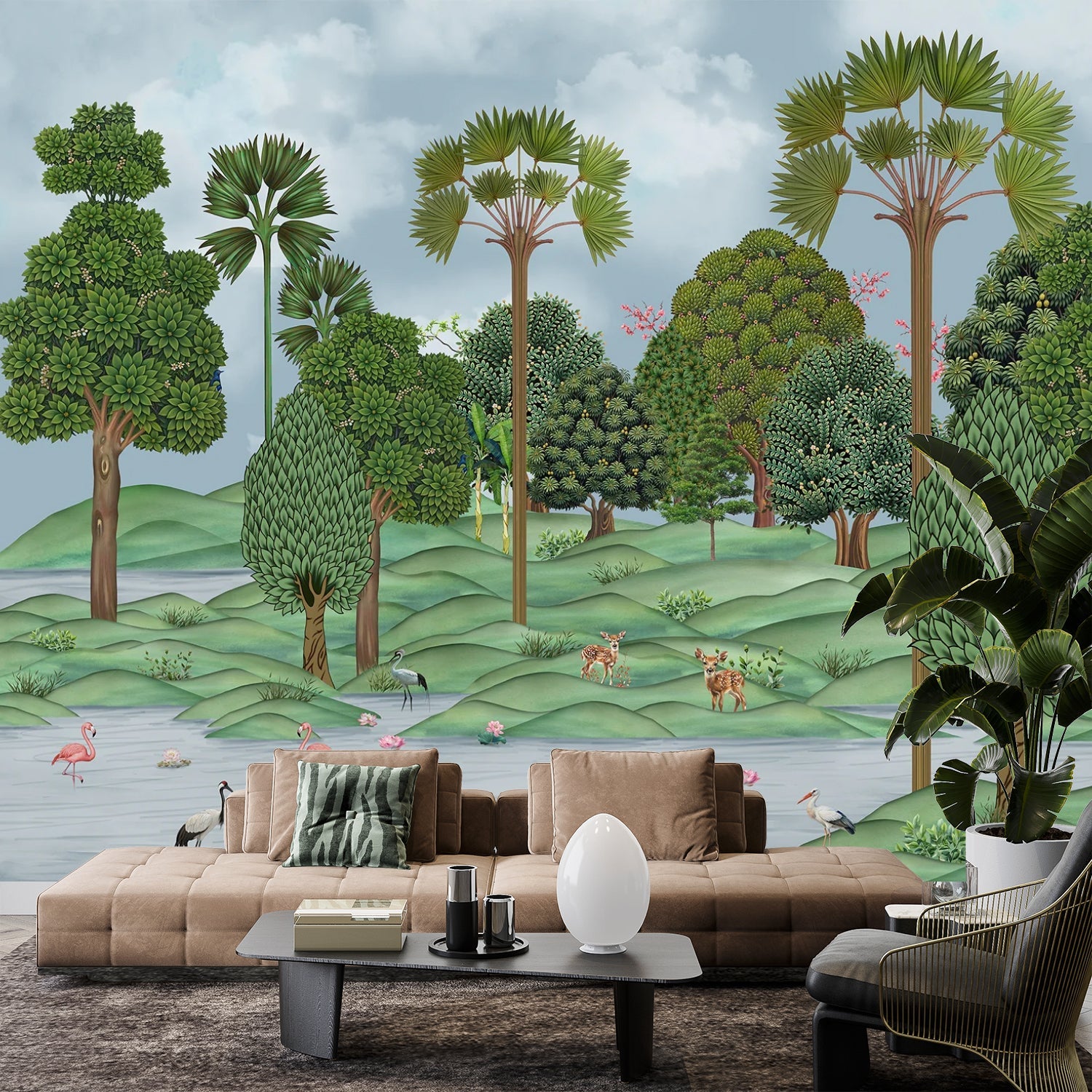 Lush tropical landscape with palm trees, rolling hills and flamingos in dreamy pastel setting - view 11 - final