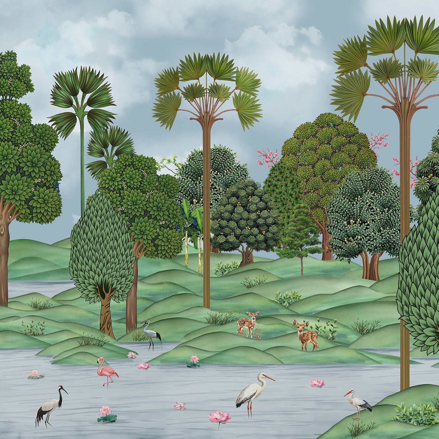 Lush tropical landscape with palm trees, rolling hills and flamingos in dreamy pastel setting - view 12 - final