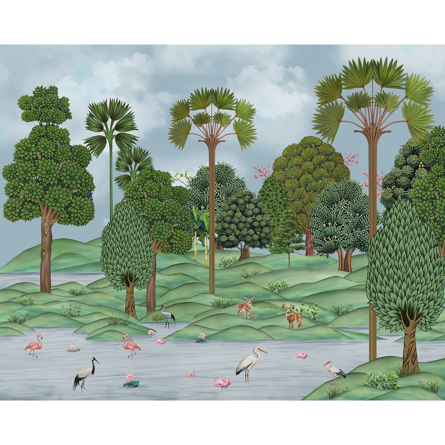 Serene green landscape flora wallpaper mural-equal final