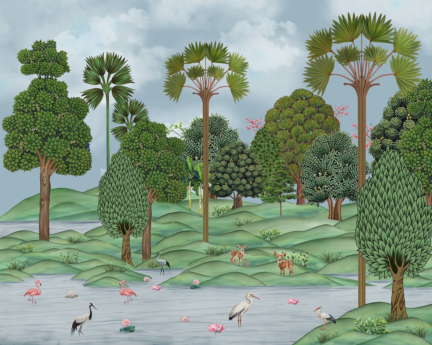 Serene green landscape with flora - lea wallpaper mural-inequal final