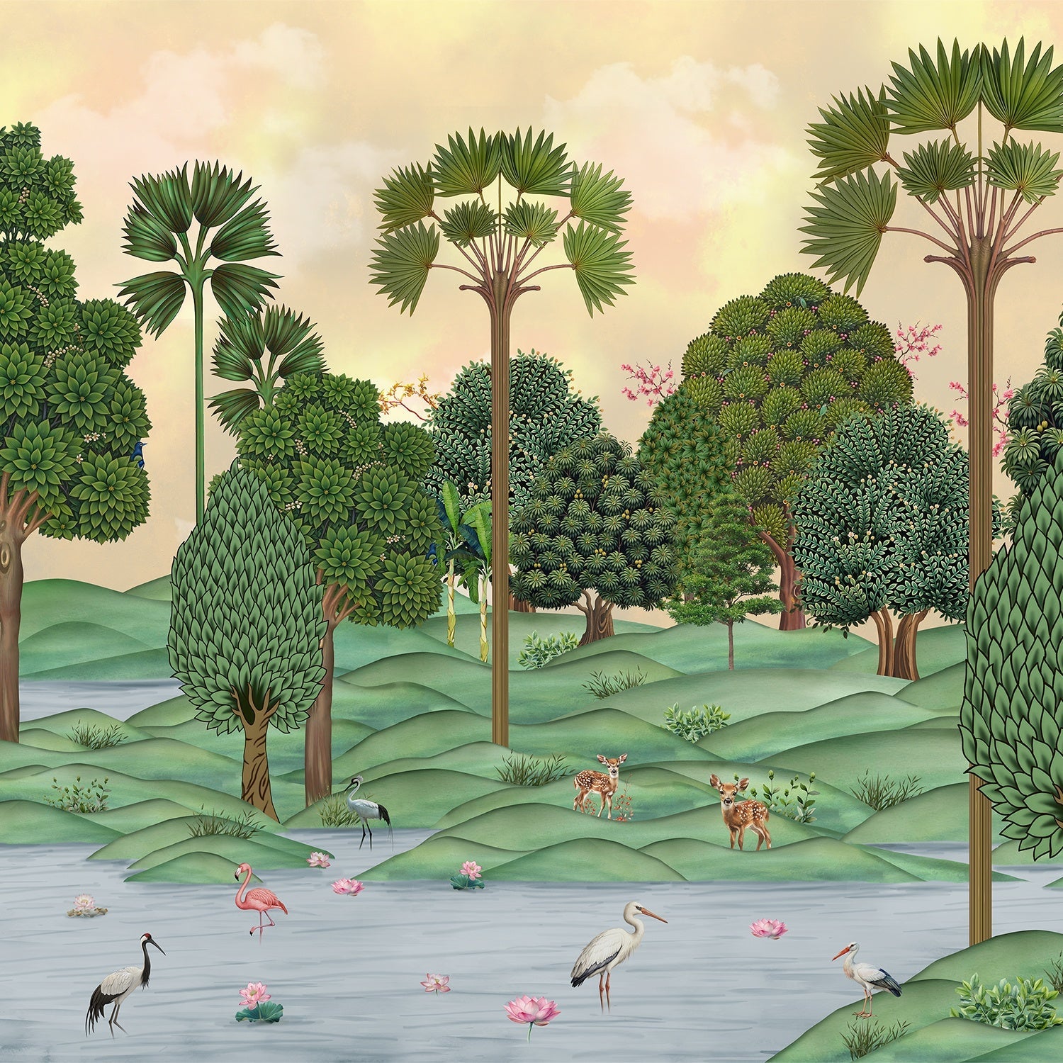 Lush tropical landscape with palm trees, rolling hills and flamingos in dreamy pastel setting - view 2 - final