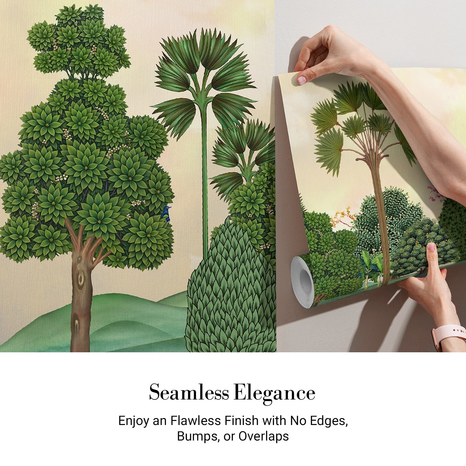 Lush tropical landscape with palm trees, rolling hills and flamingos in dreamy pastel setting - view 3 - final