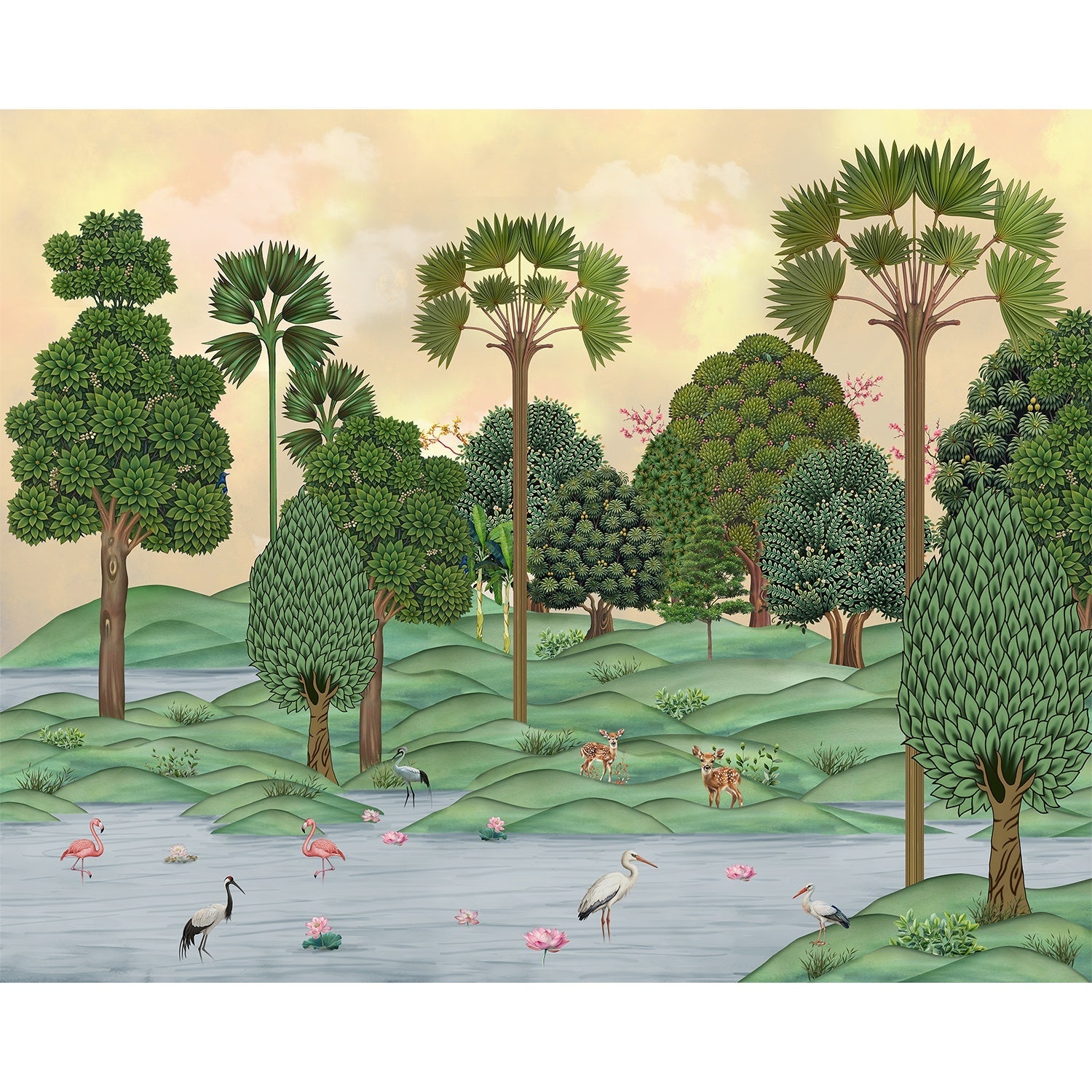 Serene green landscape flora wallpaper mural-equal final