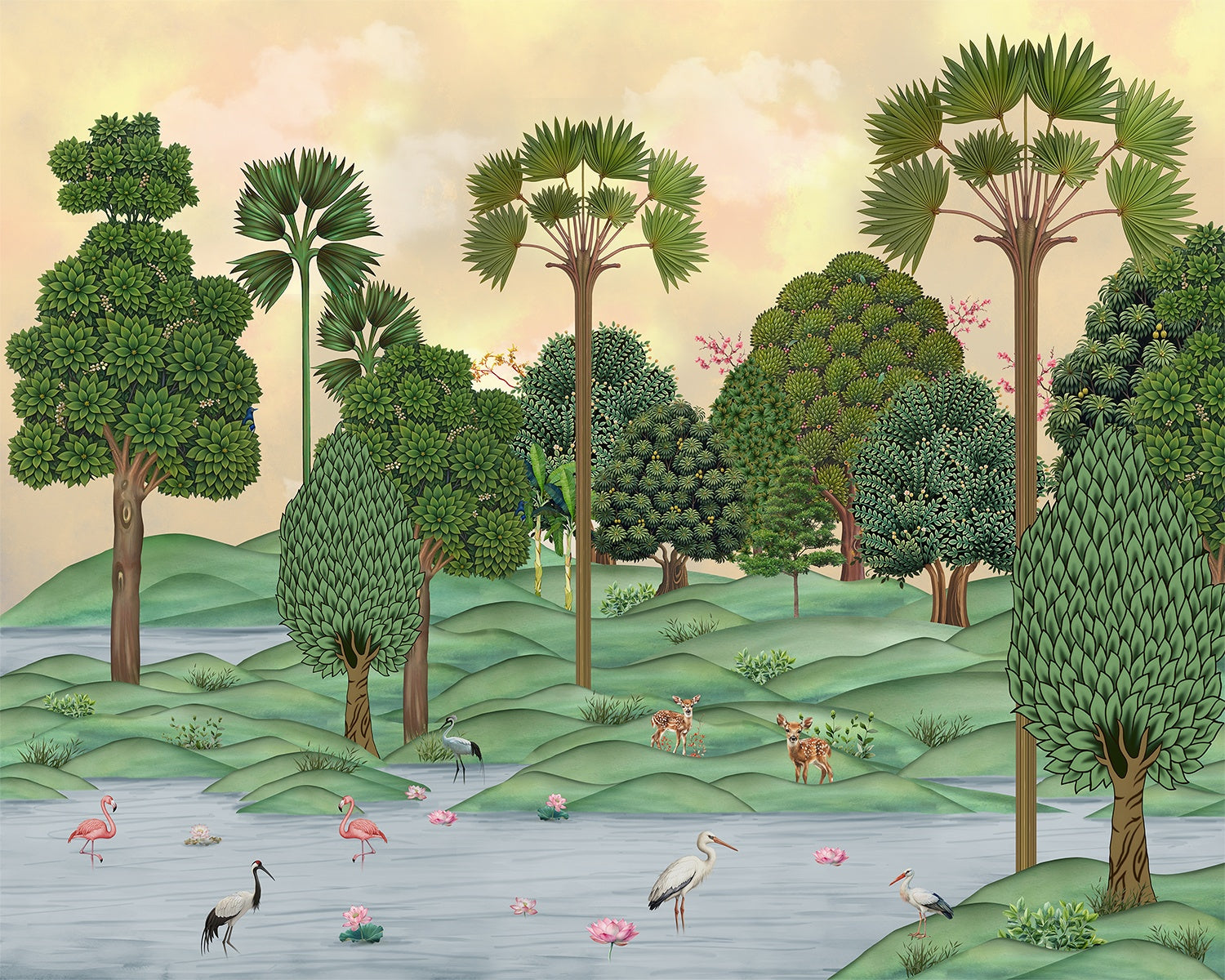 Serene green landscape with flora - lea wallpaper mural-inequal final