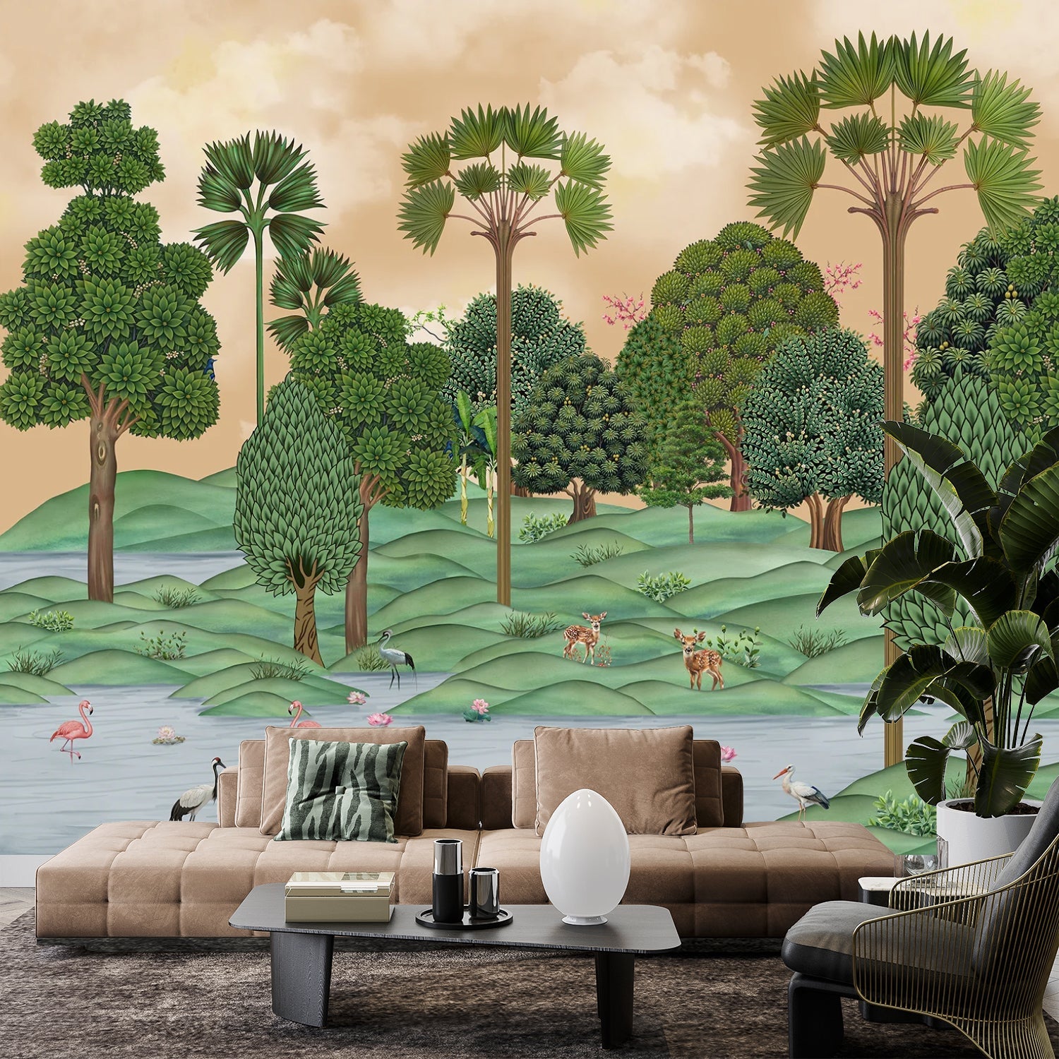 Lush tropical landscape with palm trees, rolling hills and flamingos in dreamy pastel setting - view 7 - final