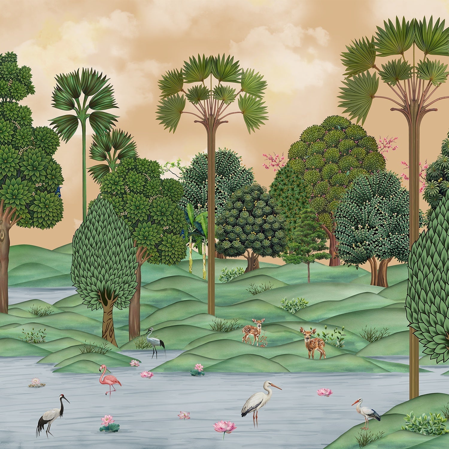 Lush tropical landscape with palm trees, rolling hills and flamingos in dreamy pastel setting - view 8 - final