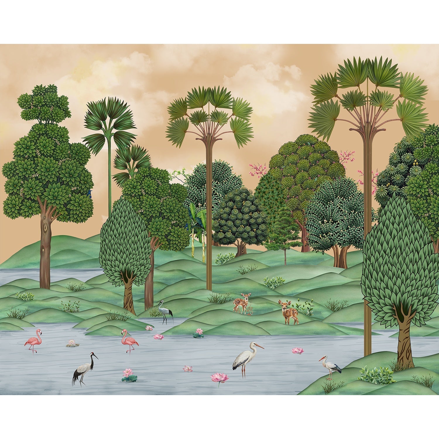 Serene green landscape flora wallpaper mural-equal final