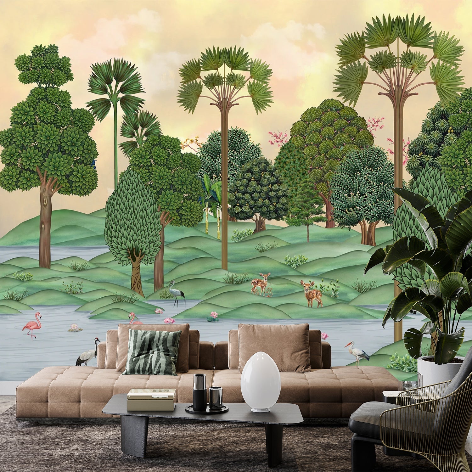 Lush tropical landscape with palm trees, rolling hills and flamingos in dreamy pastel setting - final living-room