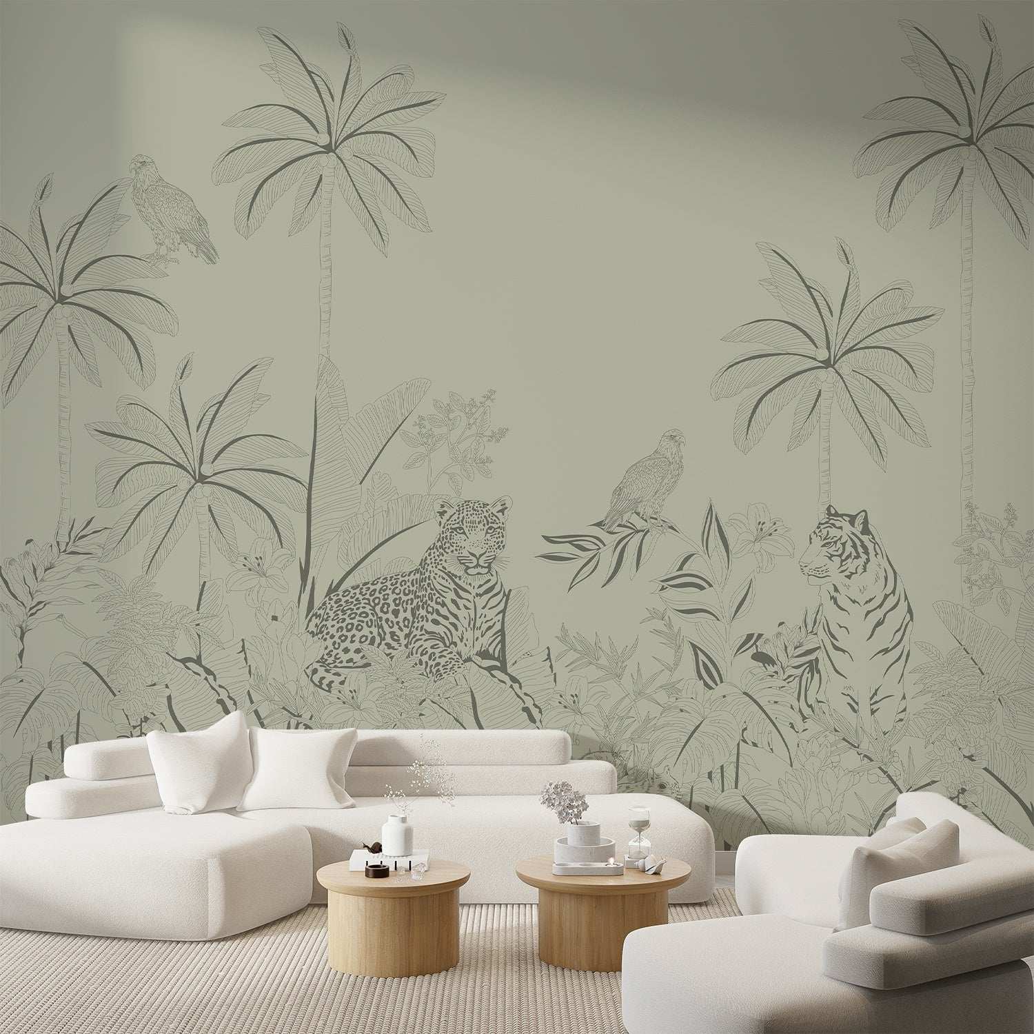 Pink tonal jungle mural with tigers, leopards and palm trees in delicate illustration style - view 11 - final