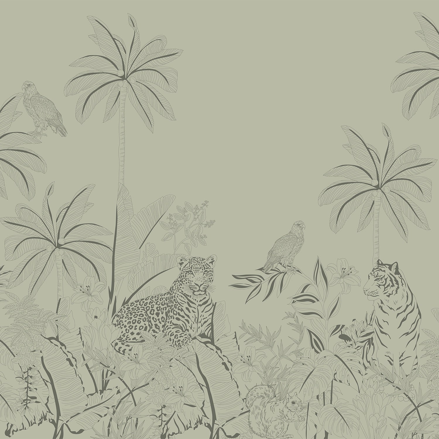 Pink tonal jungle mural with tigers, leopards and palm trees in delicate illustration style - view 12 - final