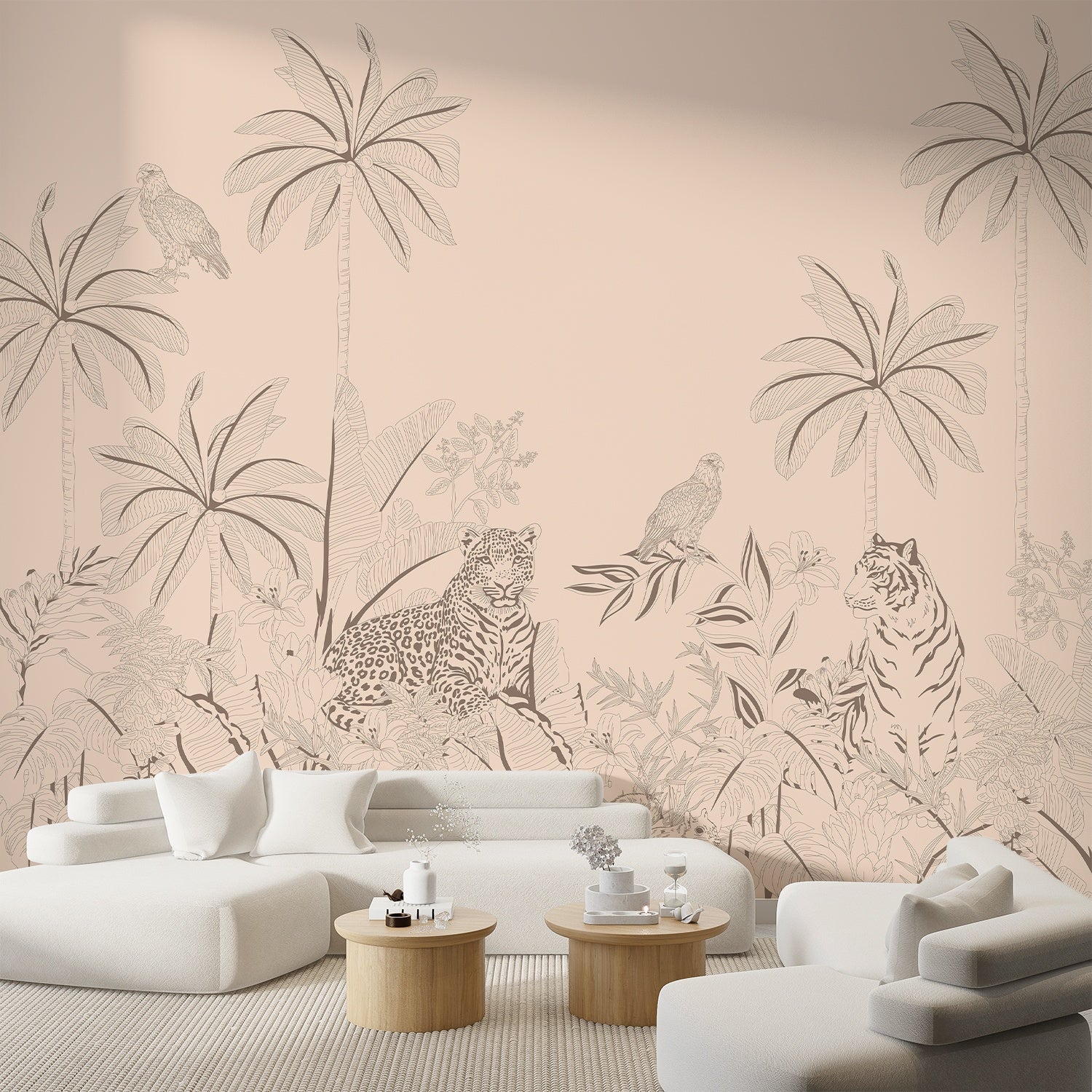 Pink tonal jungle mural with tigers, leopards and palm trees in delicate illustration style - view 15 - final