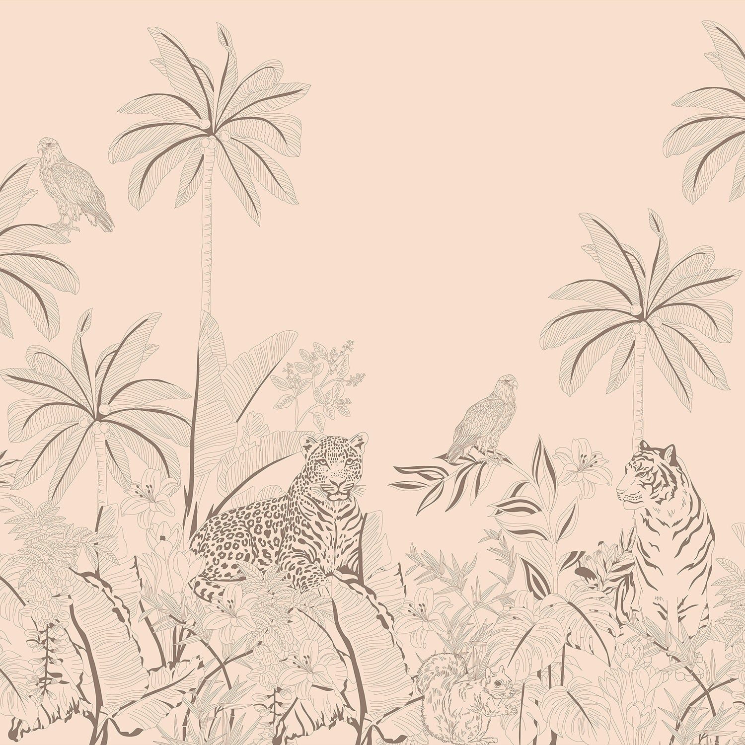 Pink tonal jungle mural with tigers, leopards and palm trees in delicate illustration style - view 16 - final