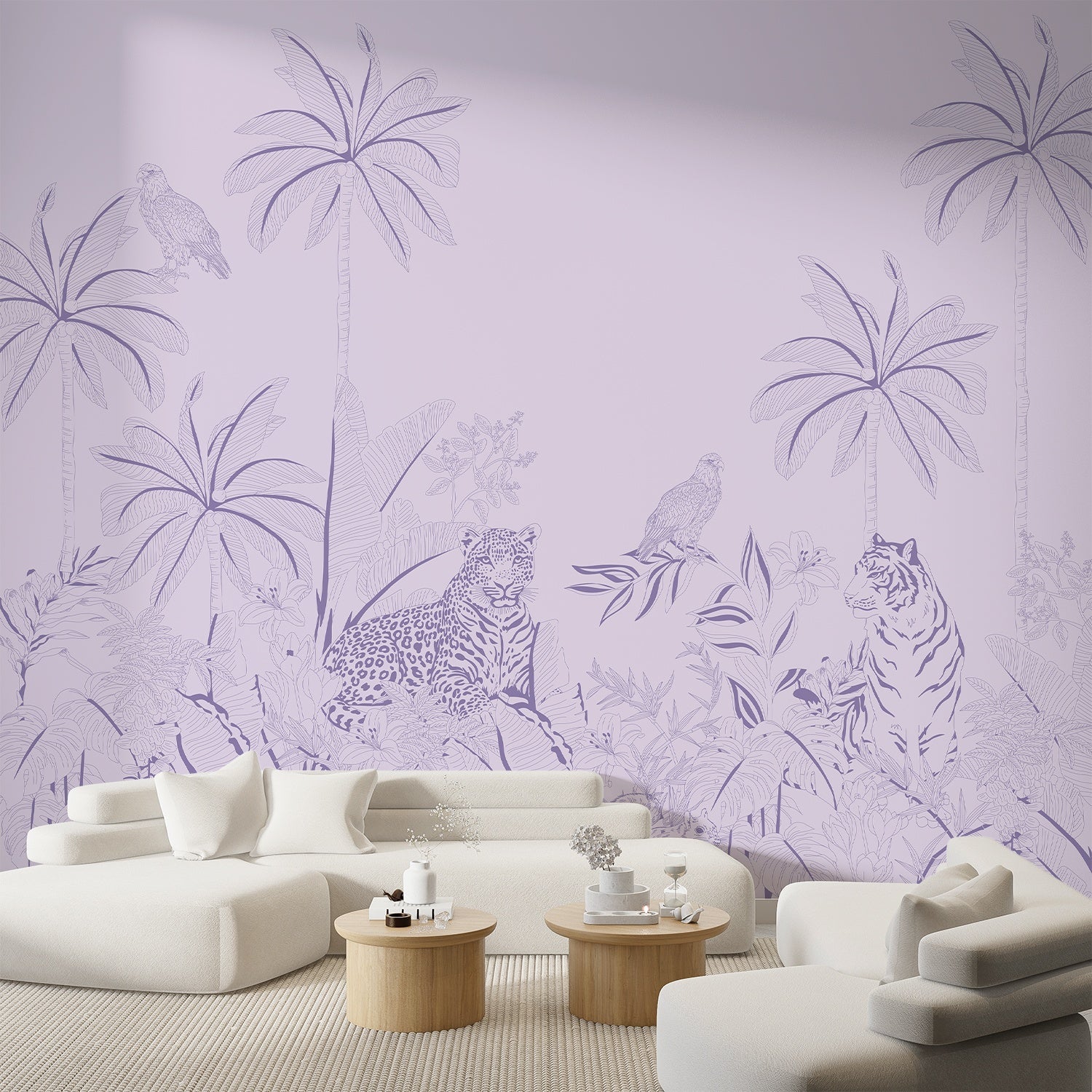 Pink tonal jungle mural with tigers, leopards and palm trees in delicate illustration style - view 19 - final