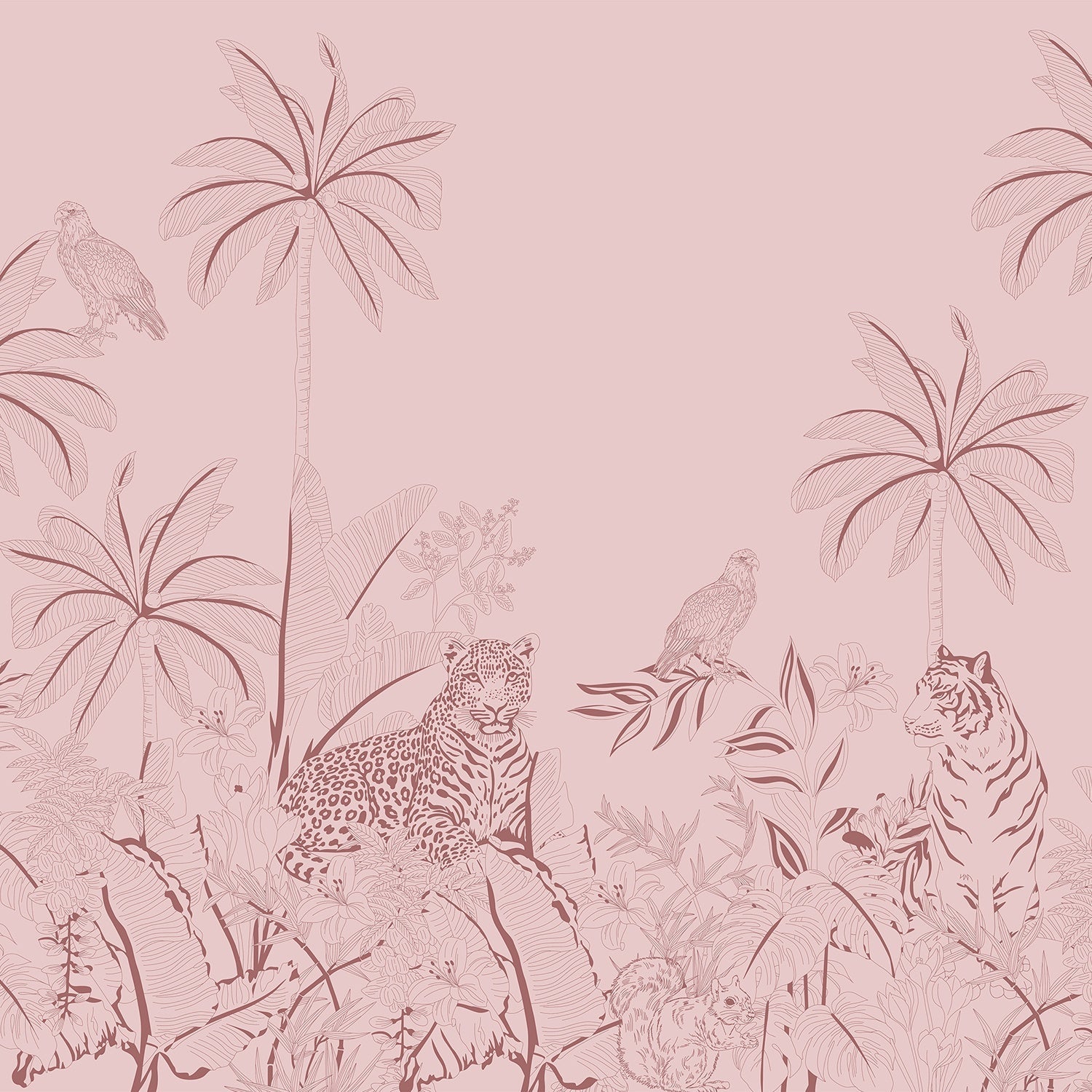 Pink tonal jungle mural with tigers, leopards and palm trees in delicate illustration style - view 2 - final