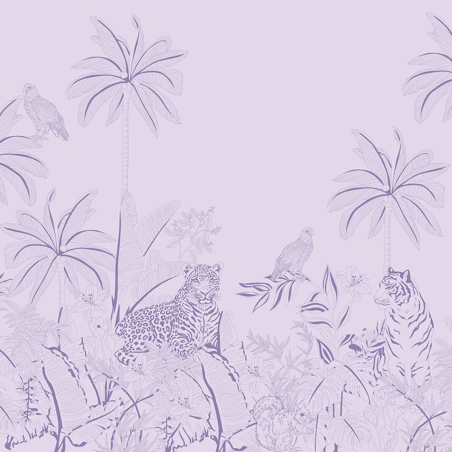 Pink tonal jungle mural with tigers, leopards and palm trees in delicate illustration style - view 20 - final